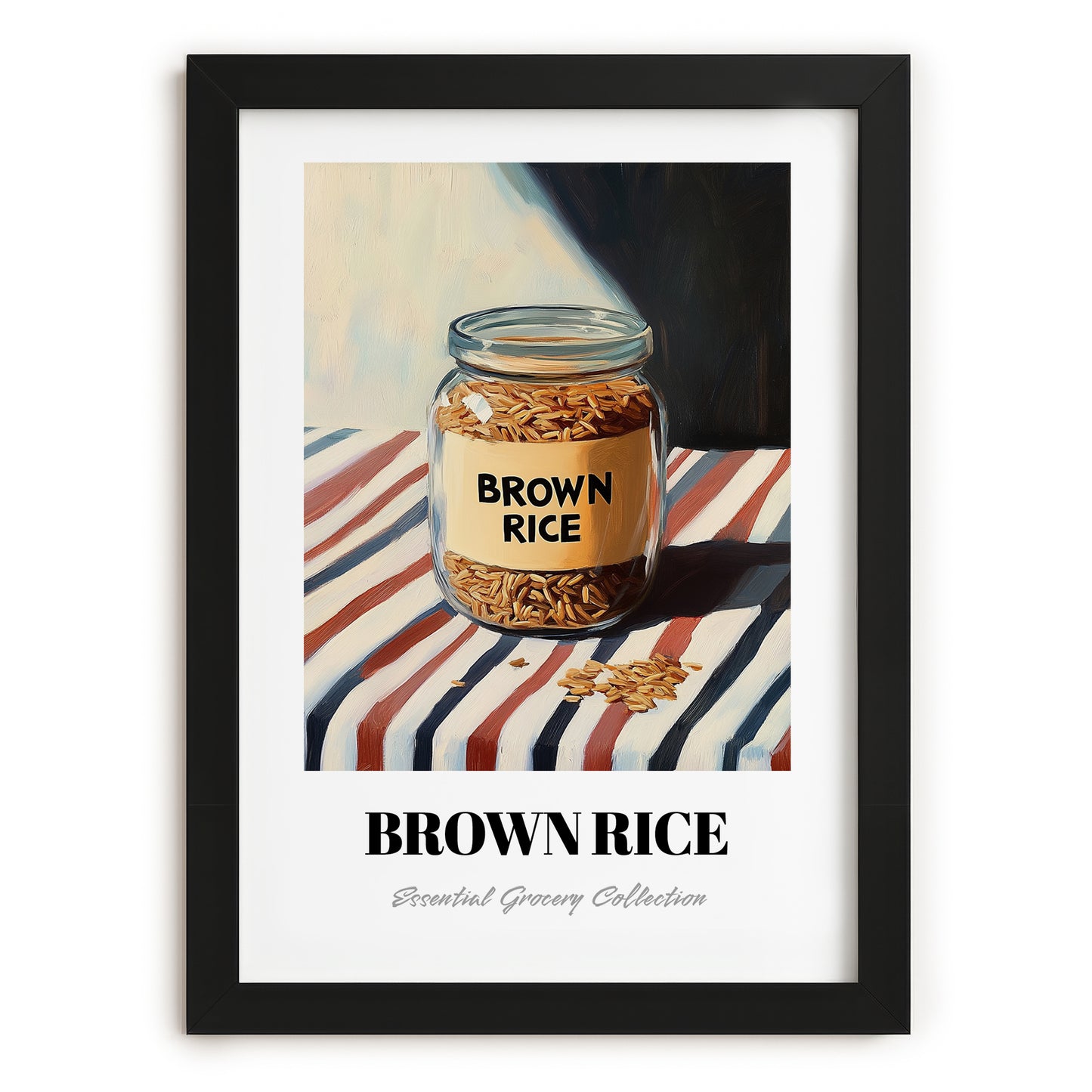 Brown Rice – on Striped Tablecloth, Larder Wall Decor, in sleek black frame