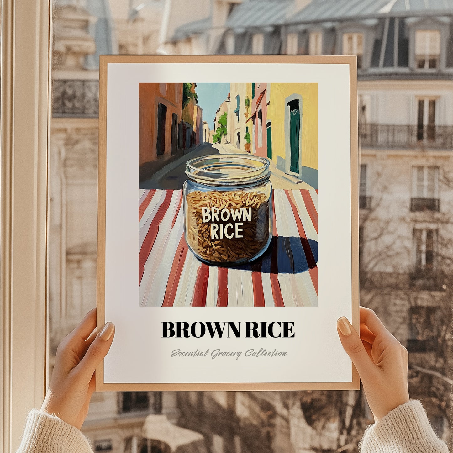Brown Rice – Italian Urban Café Scene, Kitchen Storage Illustration, styled in a charming Paris street view