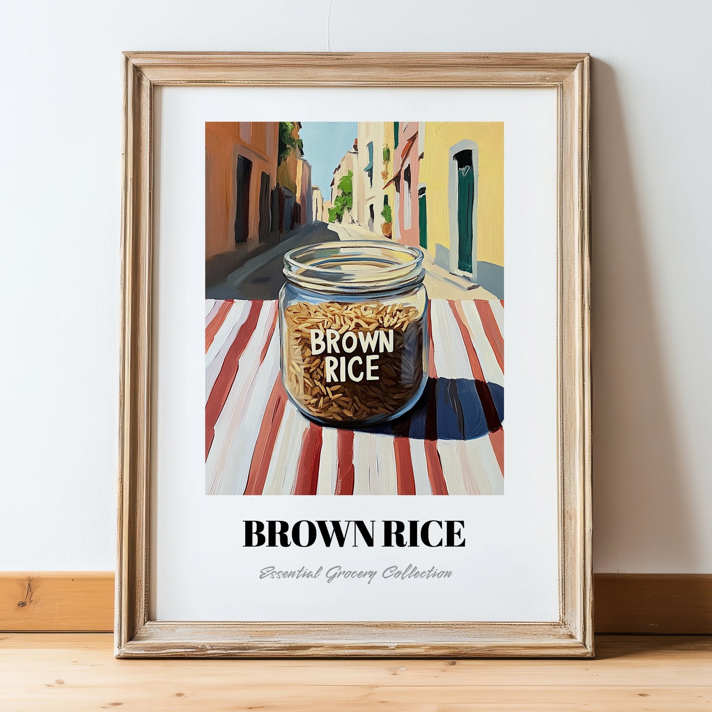 Brown Rice – Italian Urban Café Scene, Kitchen Storage Illustration, in wooden frame leaning on the floor