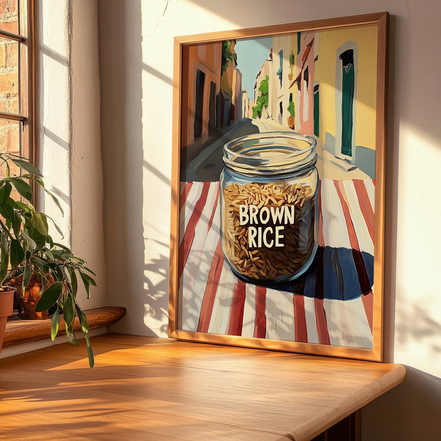 Brown Rice – Italian Urban Café Scene, Kitchen Storage Illustration, clean layout with no caption