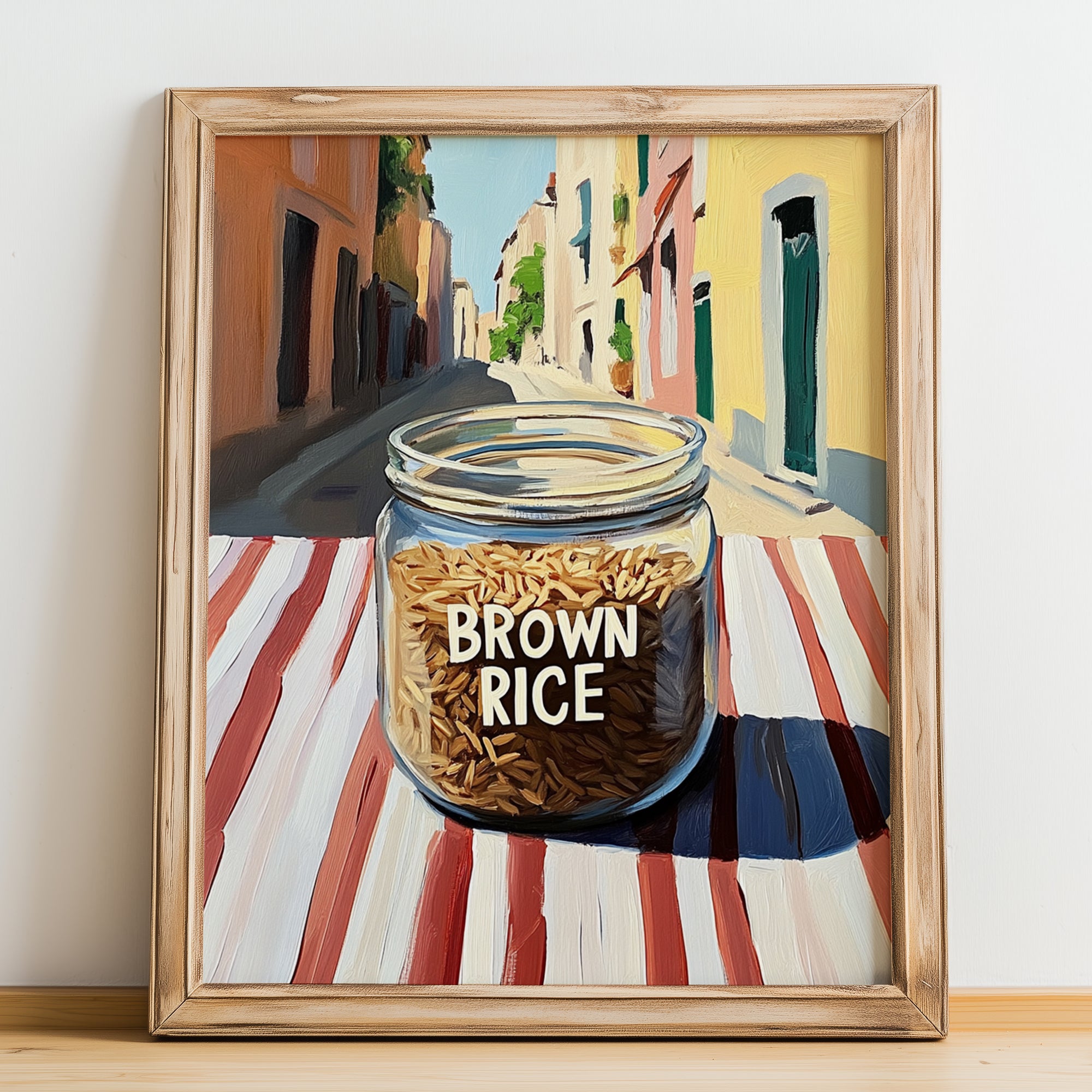 Brown Rice – Italian Urban Café Scene, Kitchen Storage Illustration, no-text version framed in wood