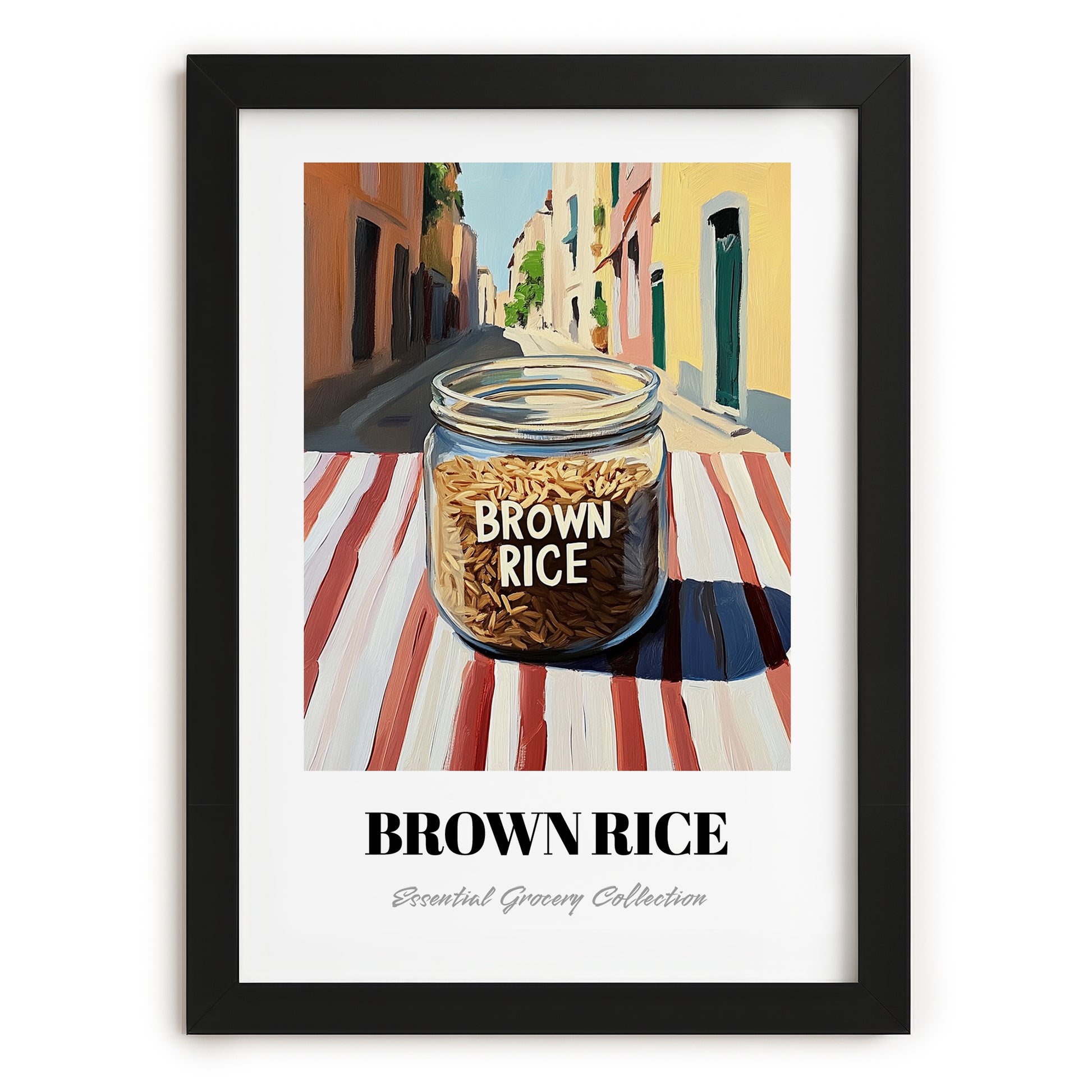 Brown Rice – Italian Urban Café Scene, Kitchen Storage Illustration, in sleek black frame