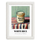 White Rice – on Striped Tablecloth, Food Stash Art, placed in minimal white frame