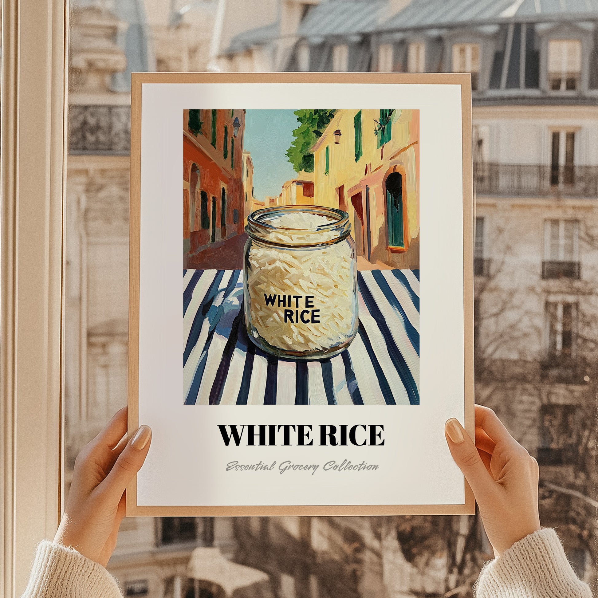 White Rice – Italian Street Café Scene, Shelf Stock Painting, styled in a charming Paris street view