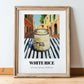 White Rice – Italian Street Café Scene, Shelf Stock Painting, in wooden frame leaning on the floor