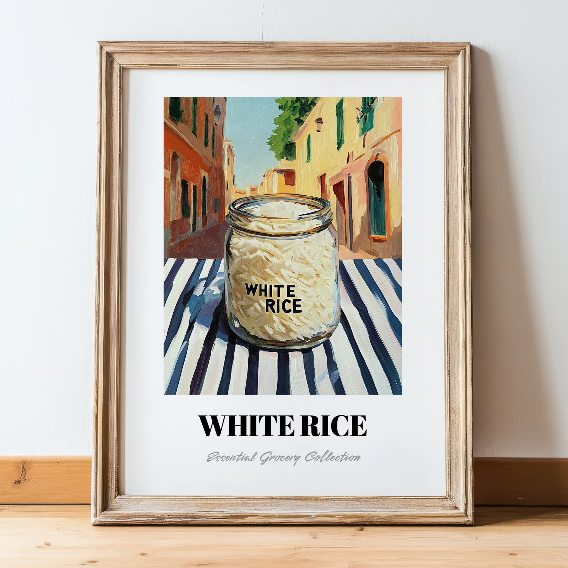 White Rice – Italian Street Café Scene, Shelf Stock Painting, in wooden frame leaning on the floor