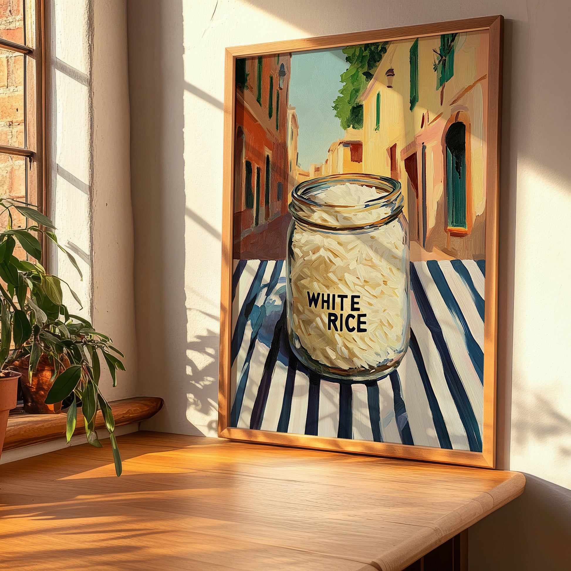 White Rice – Italian Street Café Scene, Shelf Stock Painting, clean layout with no caption