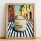 White Rice – Italian Street Café Scene, Shelf Stock Painting, no-text version framed in wood