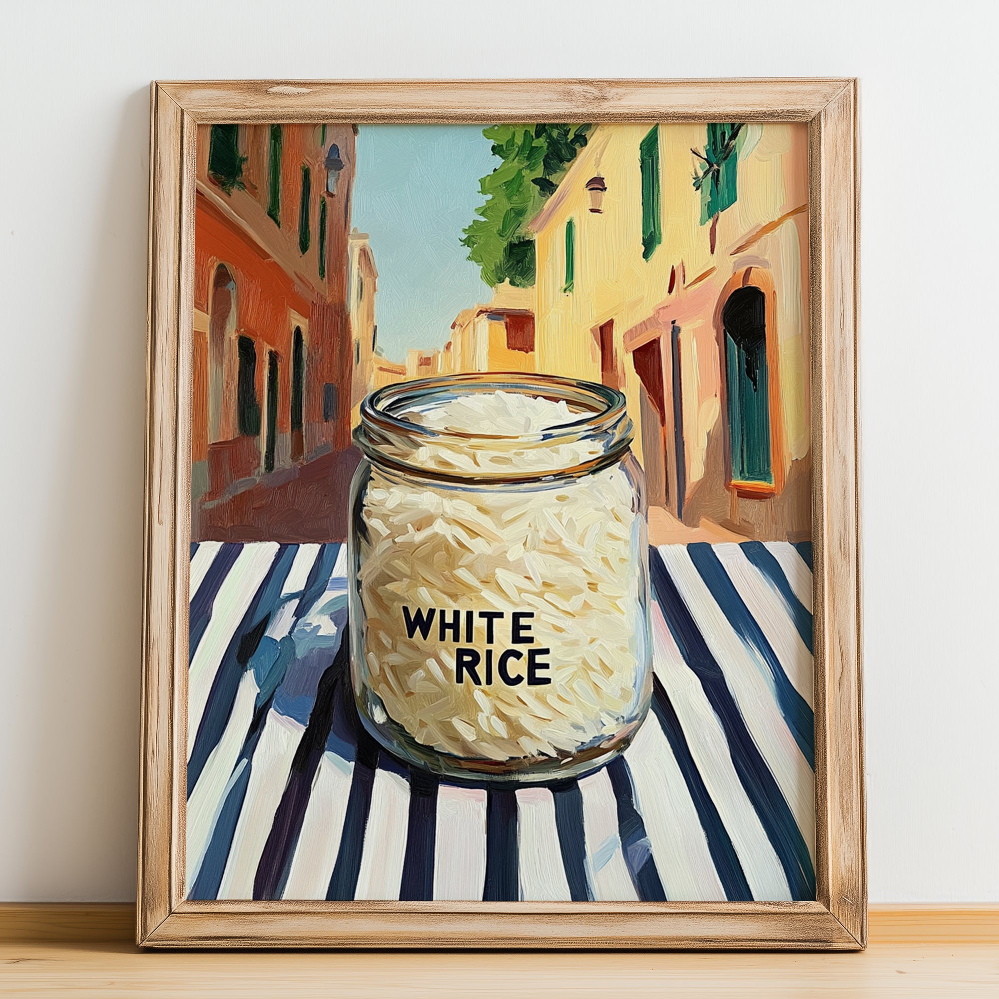 White Rice – Italian Street Café Scene, Shelf Stock Painting, no-text version framed in wood