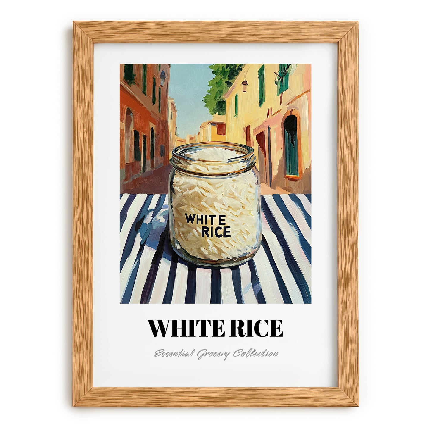 White Rice – Italian Street Café Scene, Shelf Stock Painting, set in oak frame