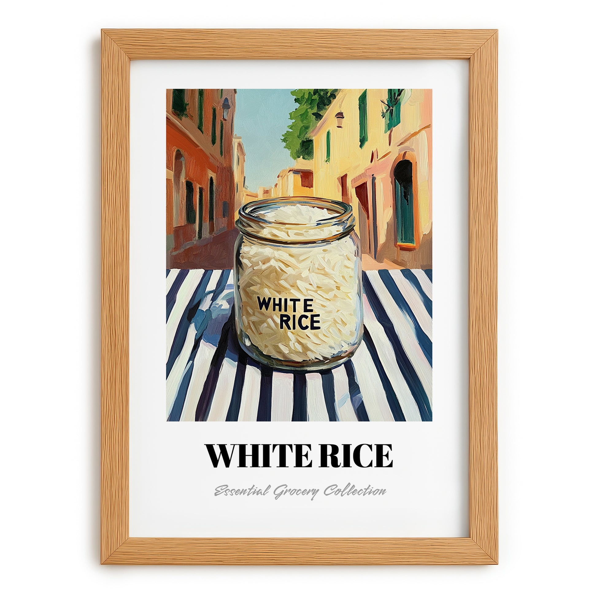 White Rice – Italian Street Café Scene, Shelf Stock Painting, set in oak frame