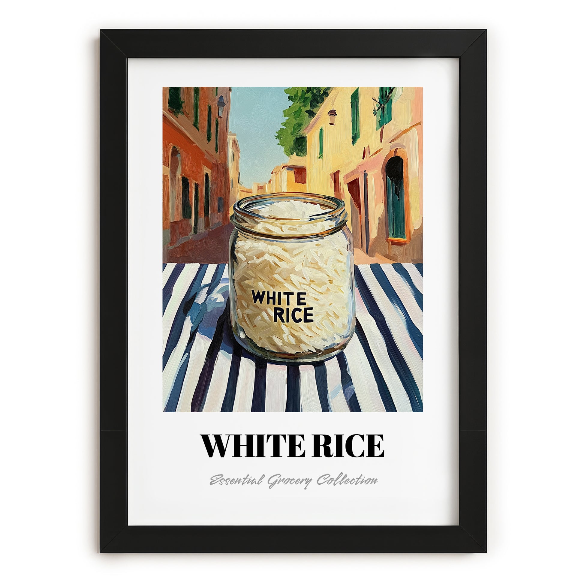 White Rice – Italian Street Café Scene, Shelf Stock Painting, in sleek black frame