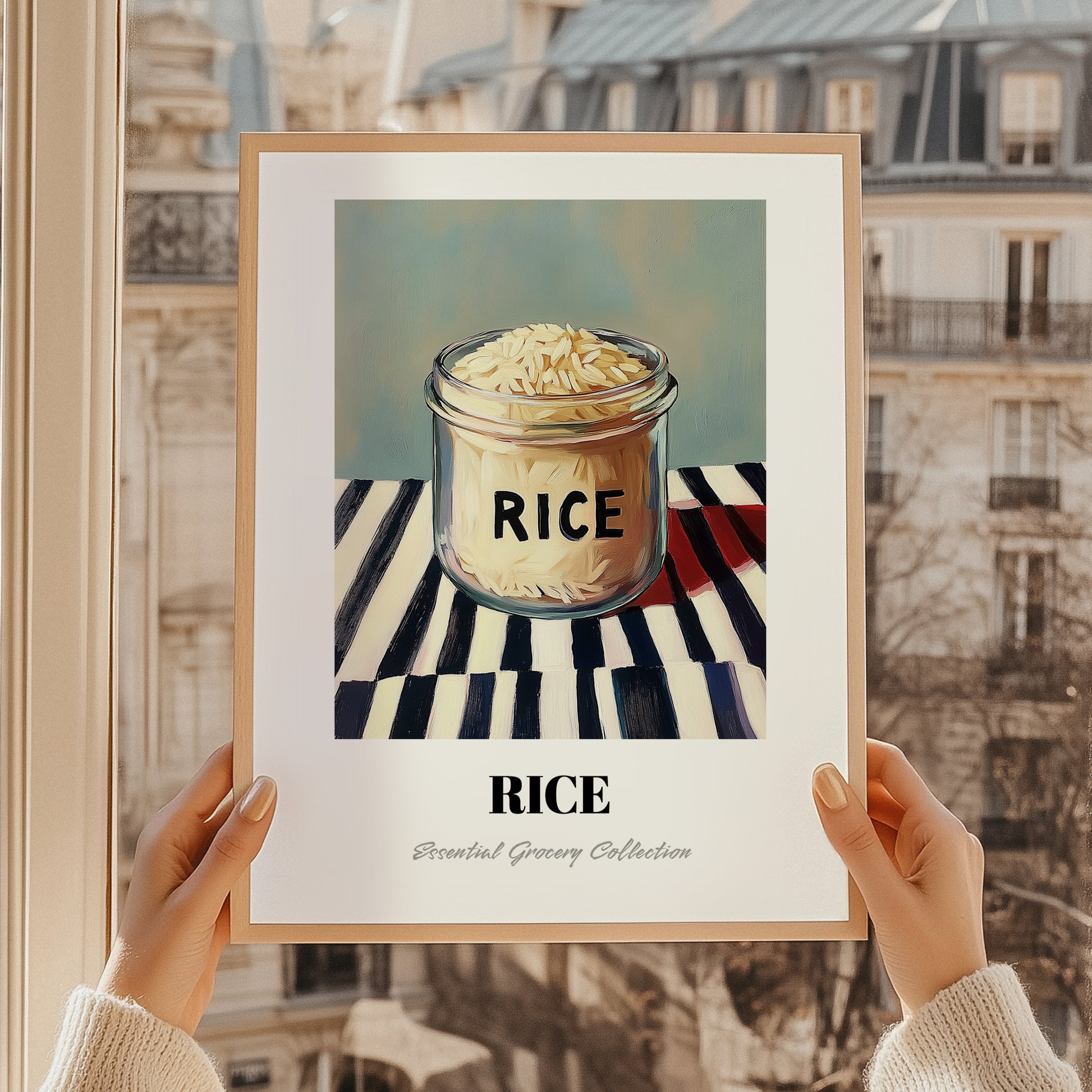 Rice – on Striped Tablecloth, Kitchen Storage Wall Decor, styled in a charming Paris street view