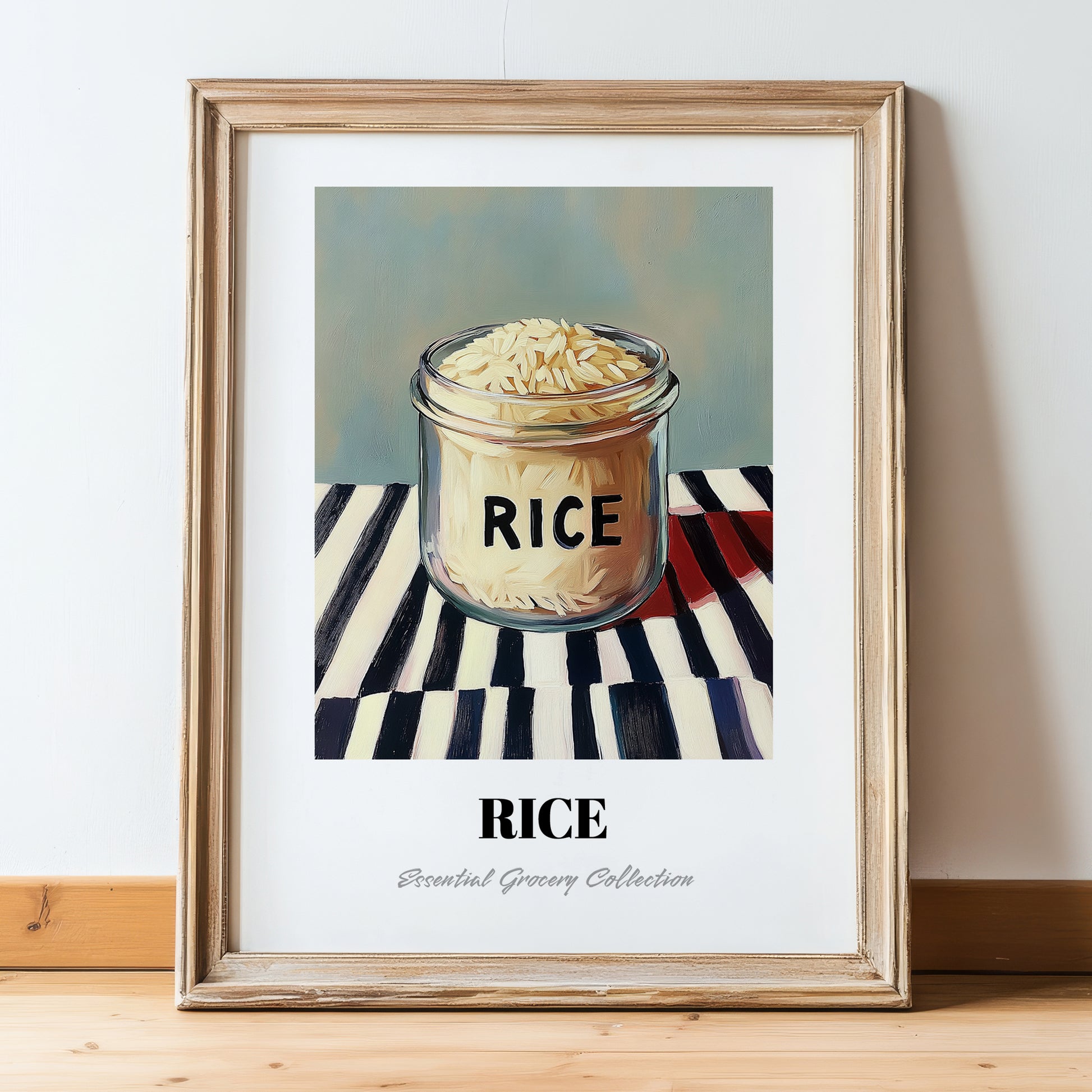 Rice – on Striped Tablecloth, Kitchen Storage Wall Decor, in wooden frame leaning on the floor