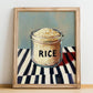 Rice – on Striped Tablecloth, Kitchen Storage Wall Decor, no-text version framed in wood