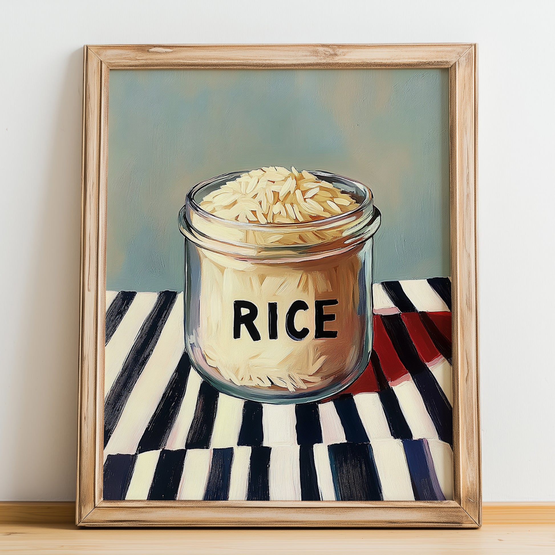 Rice – on Striped Tablecloth, Kitchen Storage Wall Decor, no-text version framed in wood