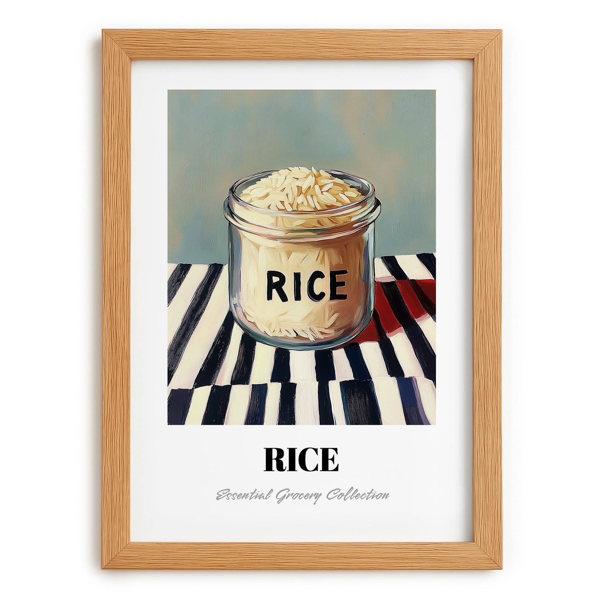 Rice – on Striped Tablecloth, Kitchen Storage Wall Decor, set in oak frame