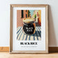 Black Rice – Italian Street Café Scene, Dry Goods Wall Art, in wooden frame leaning on the floor