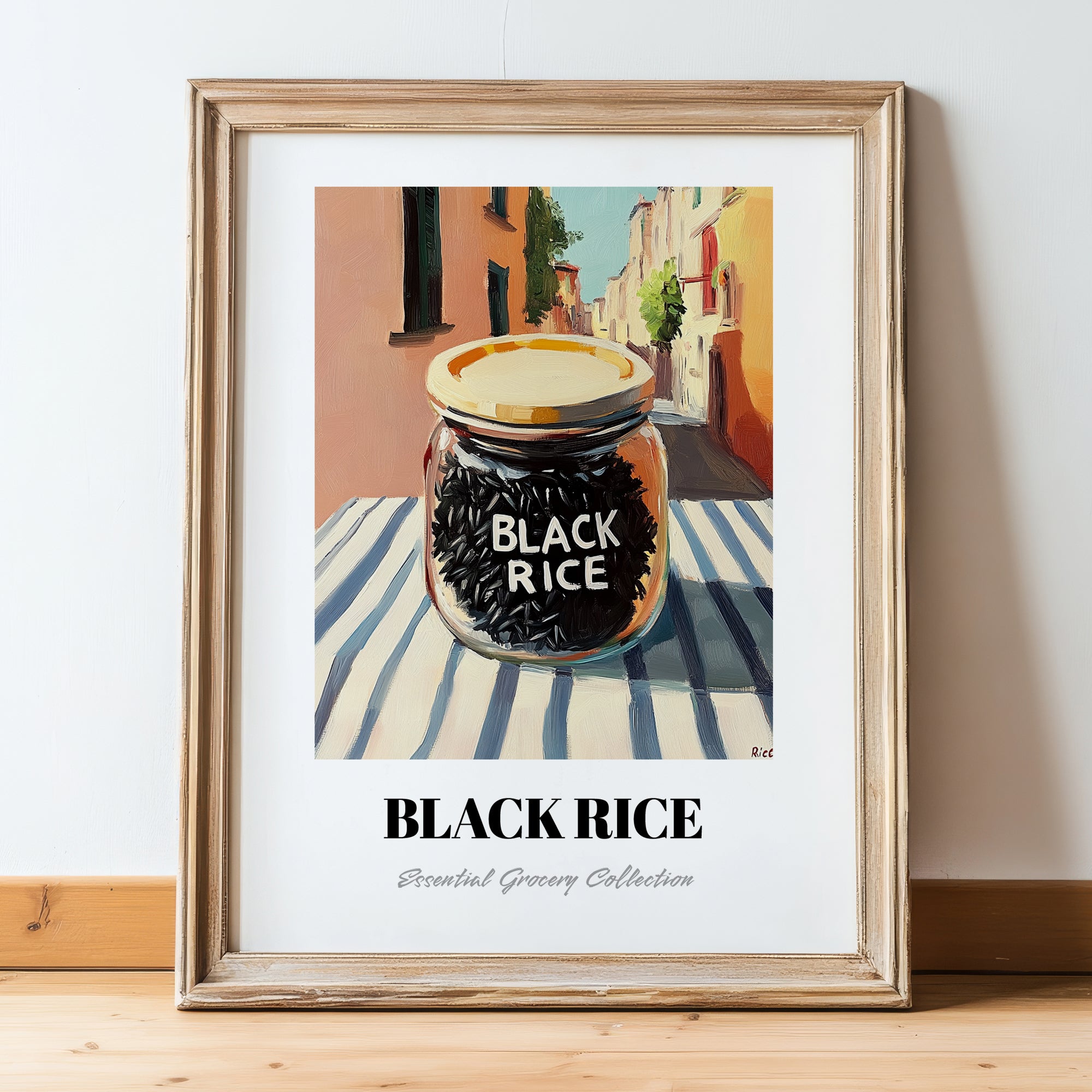 Black Rice – Italian Street Café Scene, Dry Goods Wall Art, in wooden frame leaning on the floor