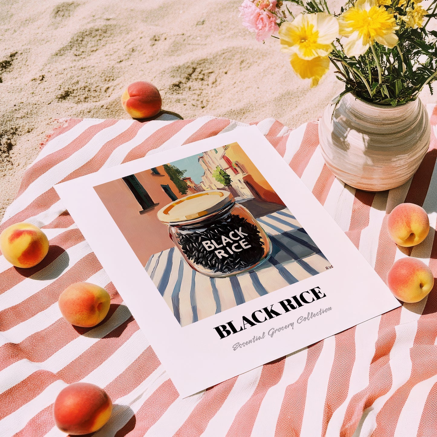 Black Rice – Italian Street Café Scene, Dry Goods Wall Art, unframed on coastal sand