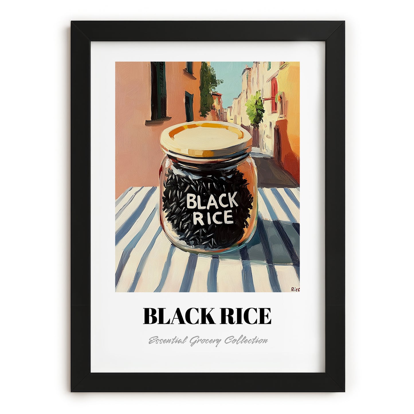 Black Rice – Italian Street Café Scene, Dry Goods Wall Art, in sleek black frame