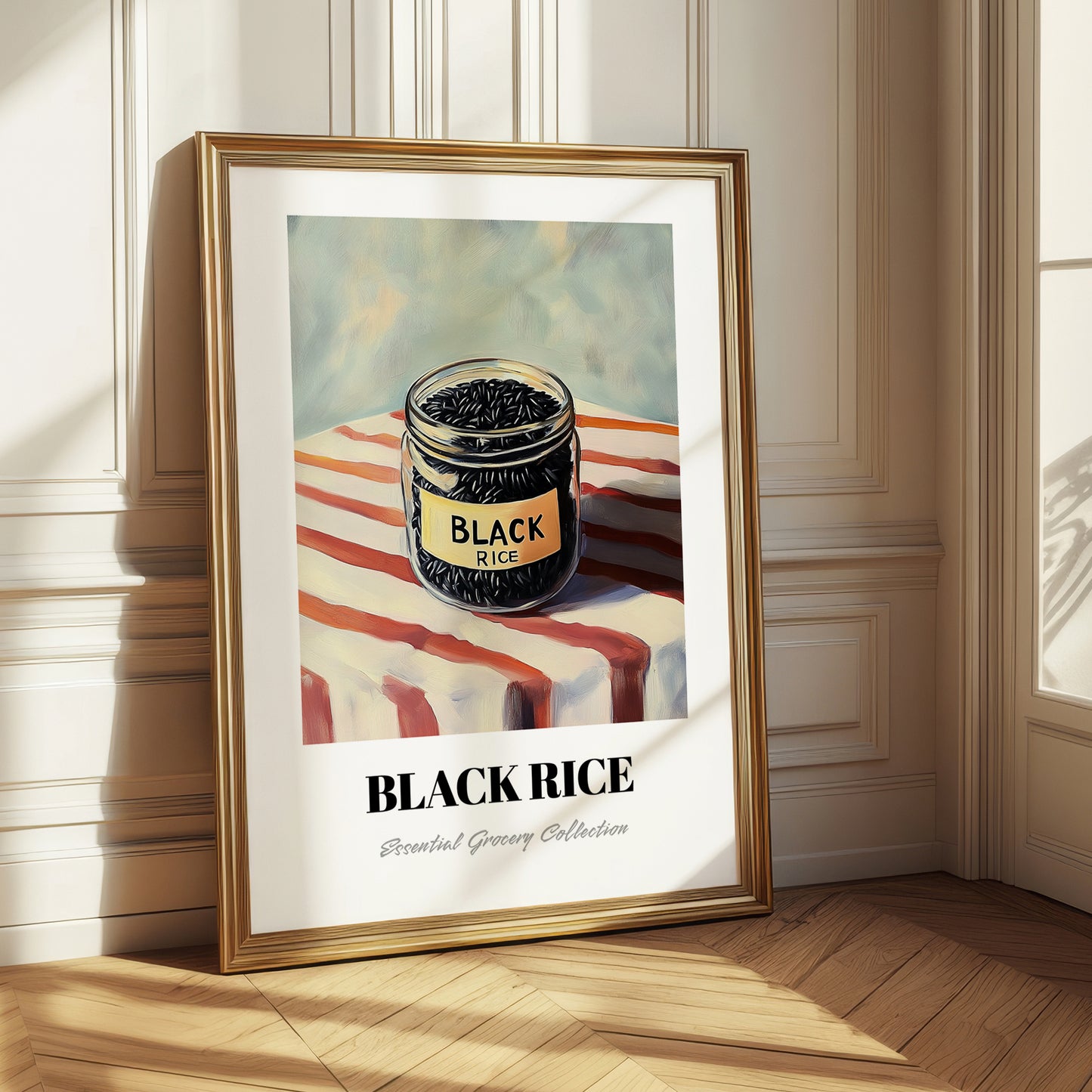 Black Rice – on Striped Tablecloth, Pantry Painting