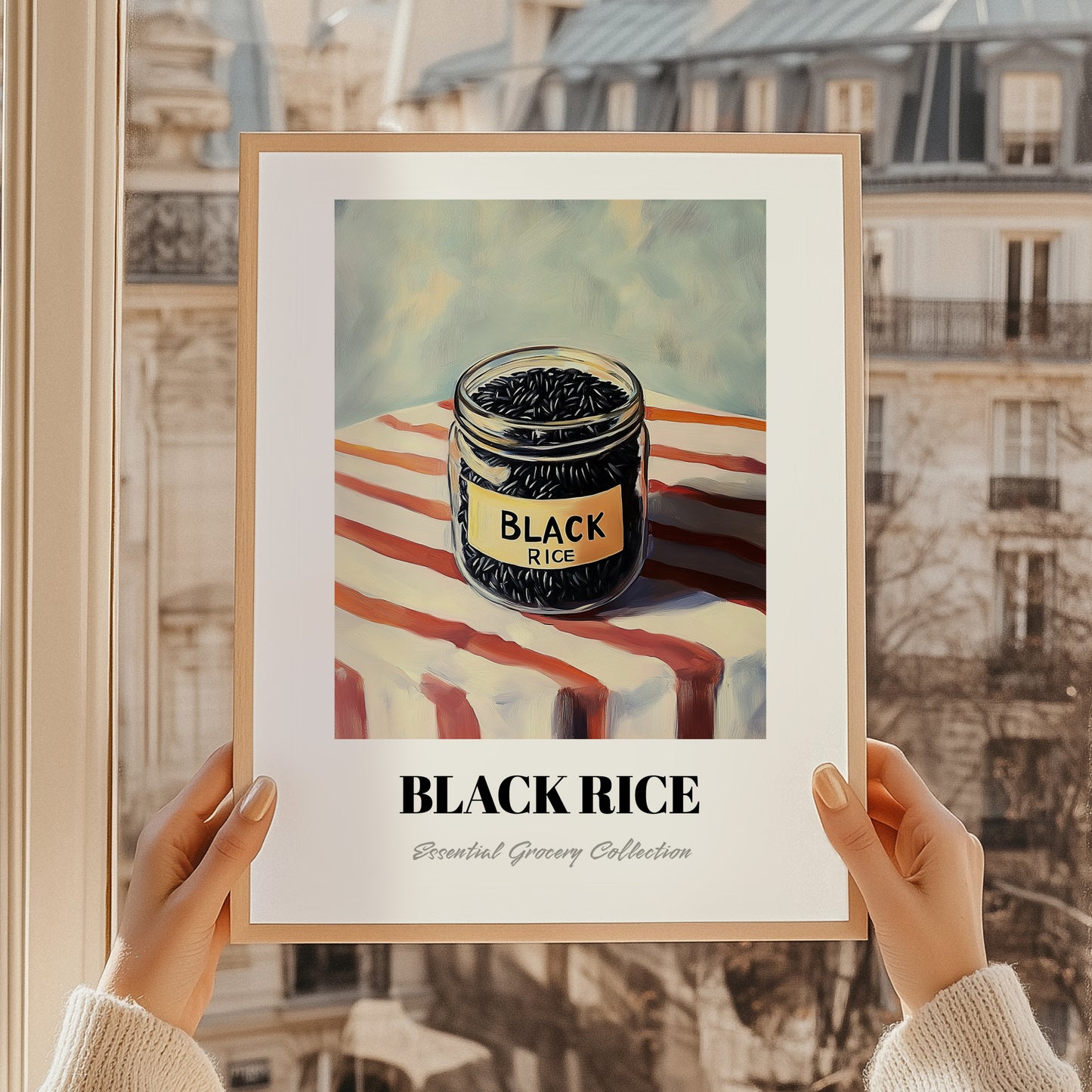 Black Rice – on Striped Tablecloth, Pantry Painting, styled in a charming Paris street view