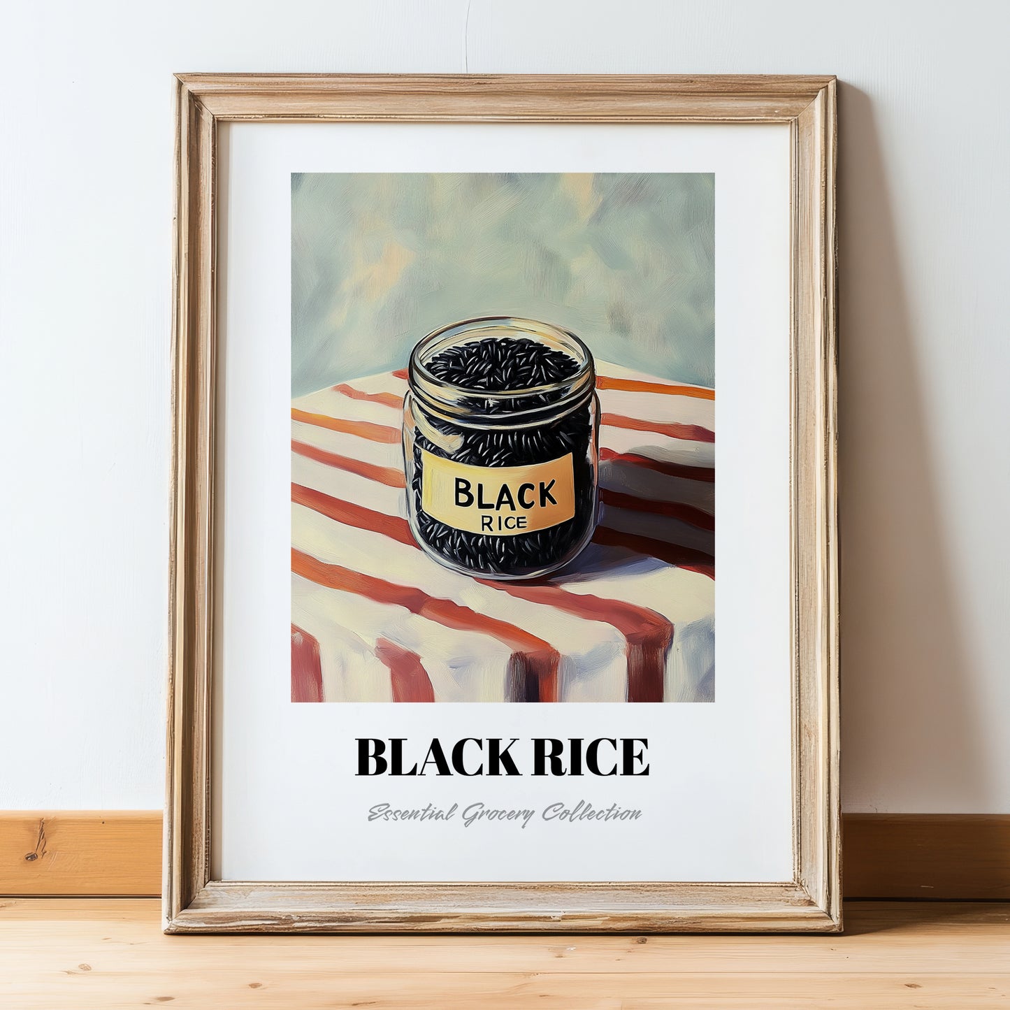 Black Rice – on Striped Tablecloth, Pantry Painting, in wooden frame leaning on the floor