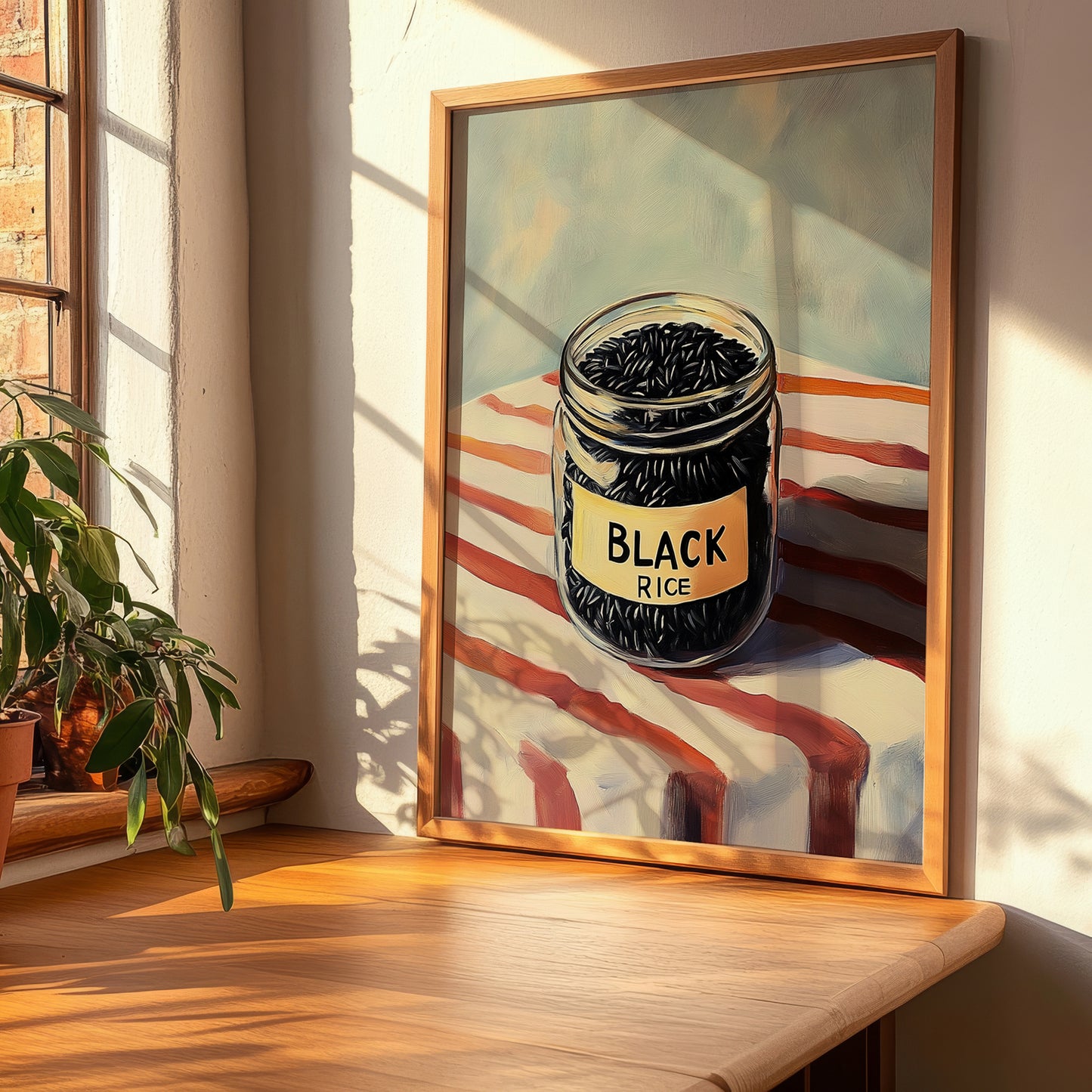 Black Rice – on Striped Tablecloth, Pantry Painting, clean layout with no caption