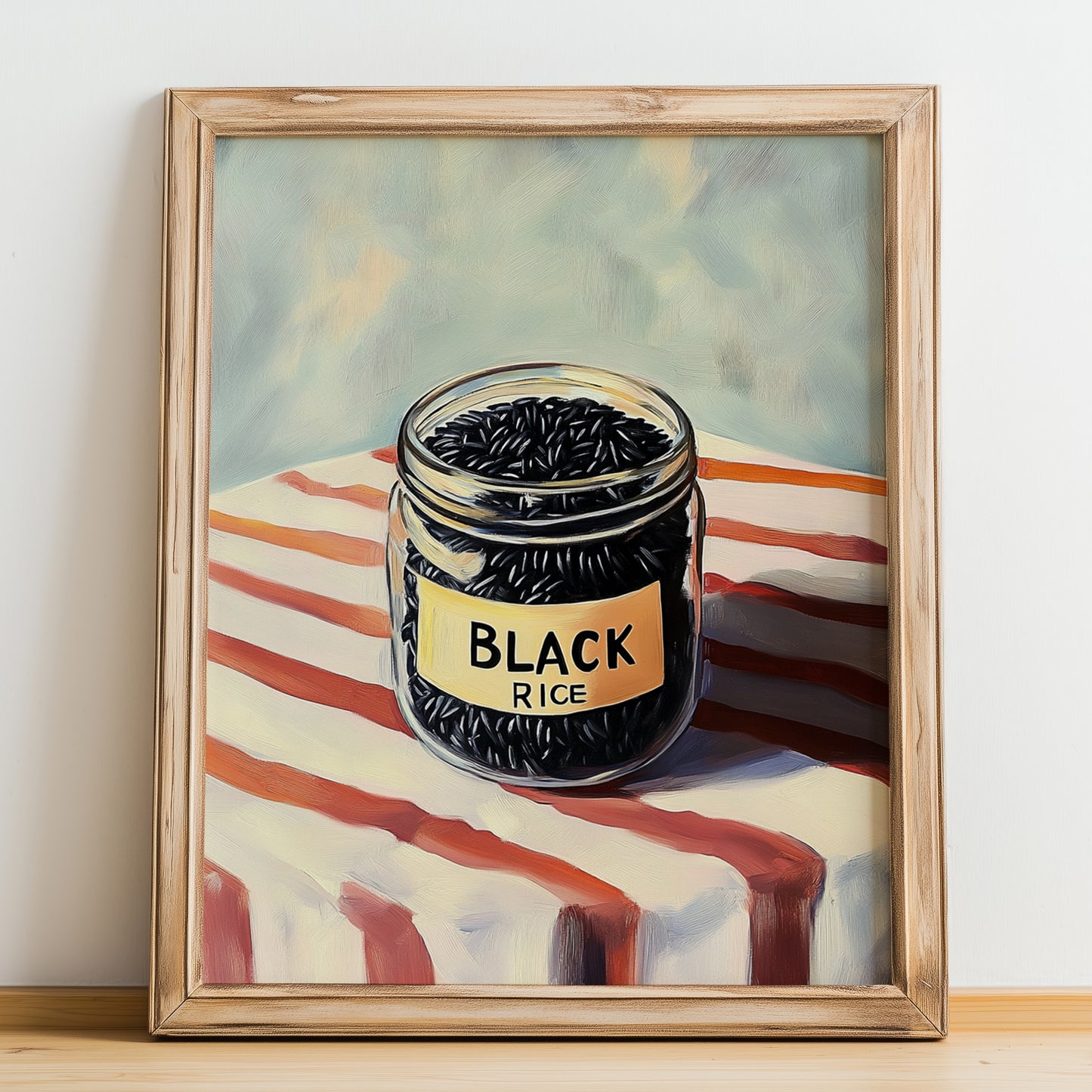 Black Rice – on Striped Tablecloth, Pantry Painting, no-text version framed in wood
