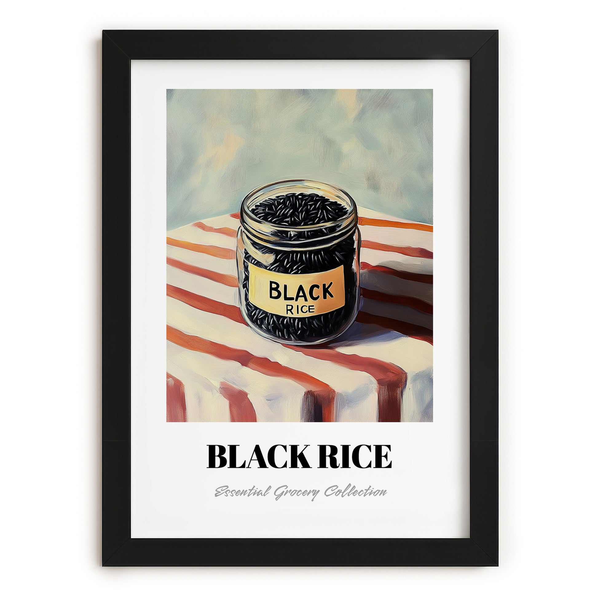 Black Rice – on Striped Tablecloth, Pantry Painting, in sleek black frame