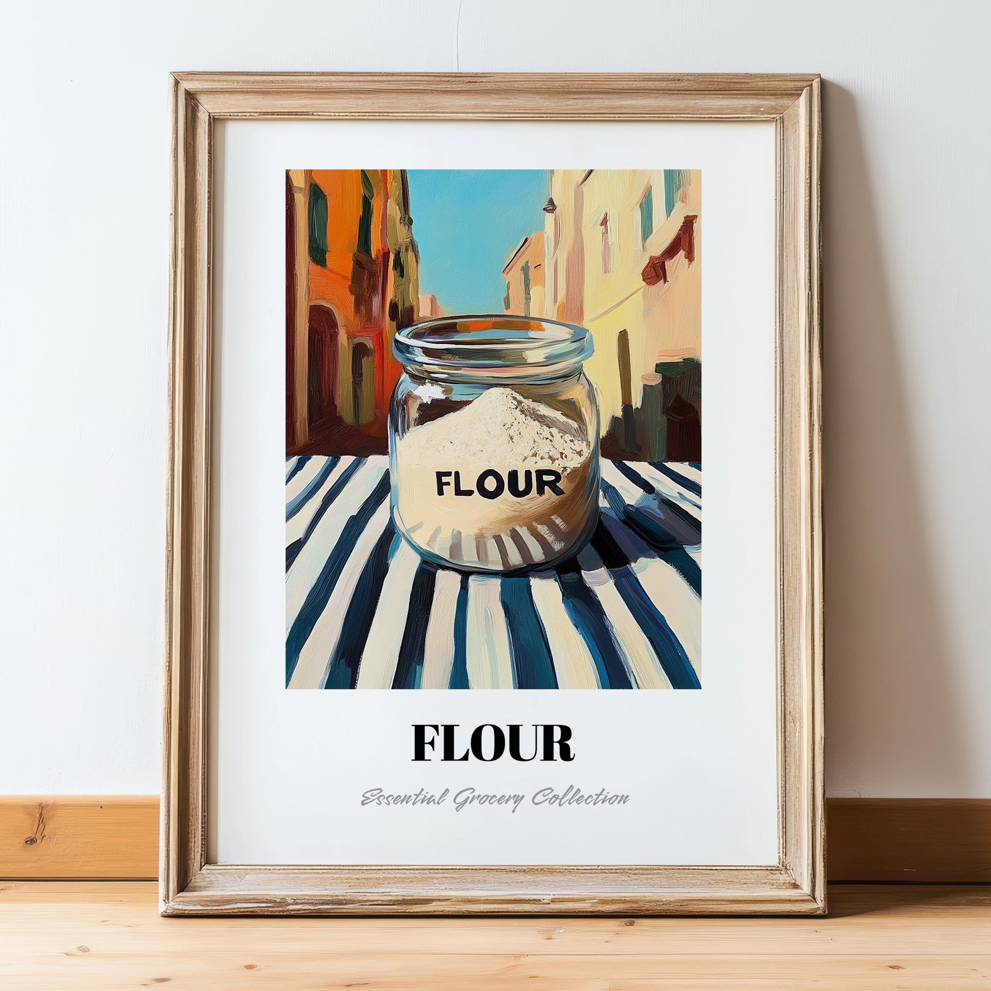 Flour – Italian Street Café Scene, Dough Wall Art, in wooden frame leaning on the floor