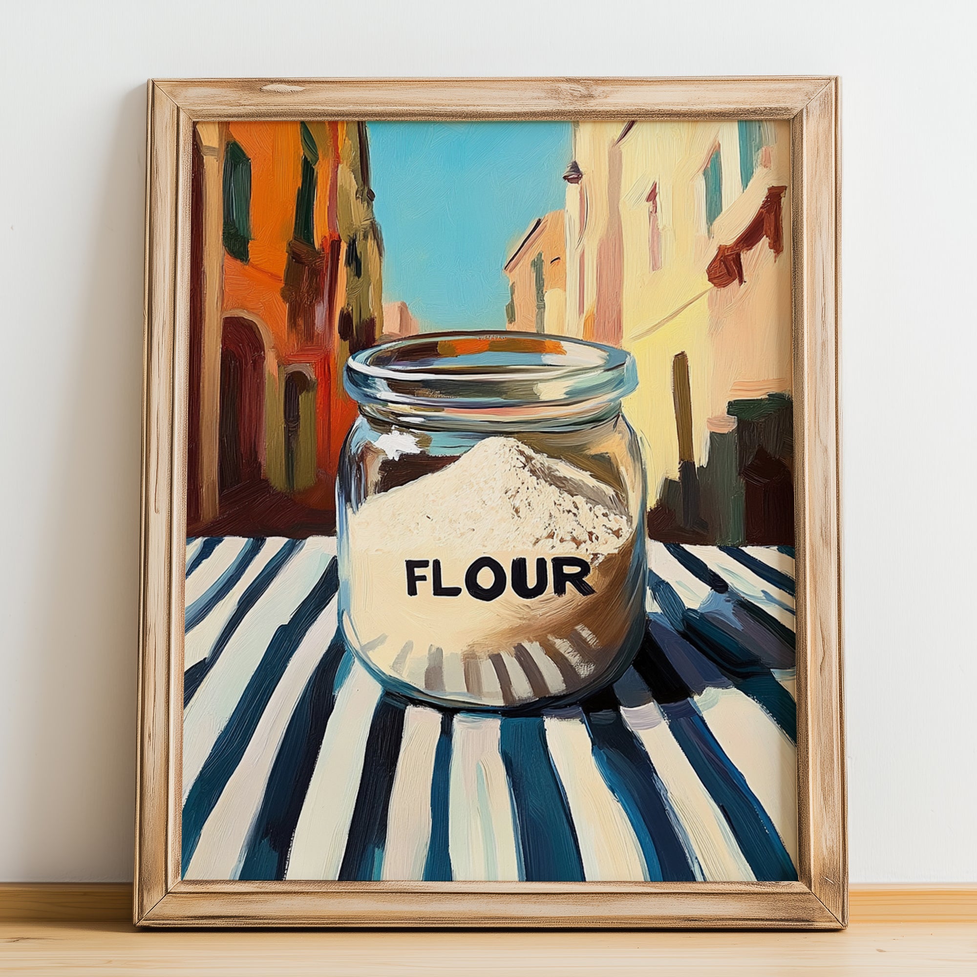 Flour – Italian Street Café Scene, Dough Wall Art, no-text version framed in wood