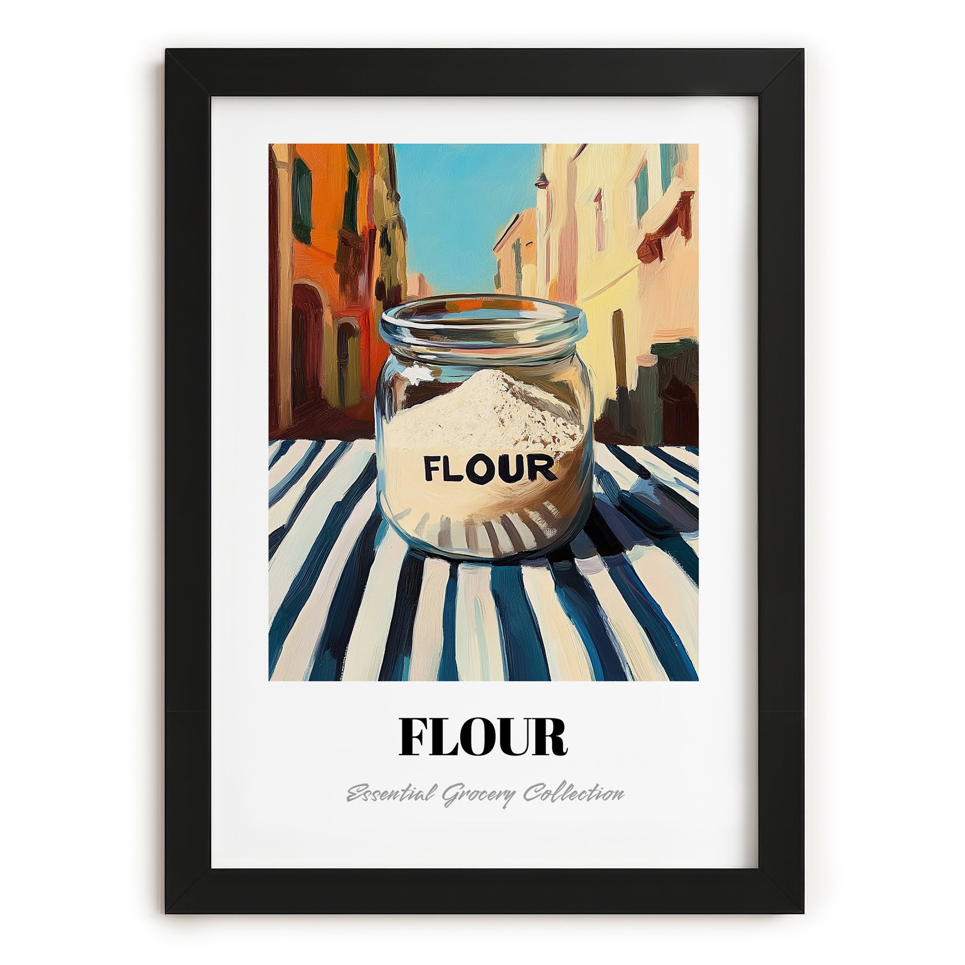 Flour – Italian Street Café Scene, Dough Wall Art, in sleek black frame