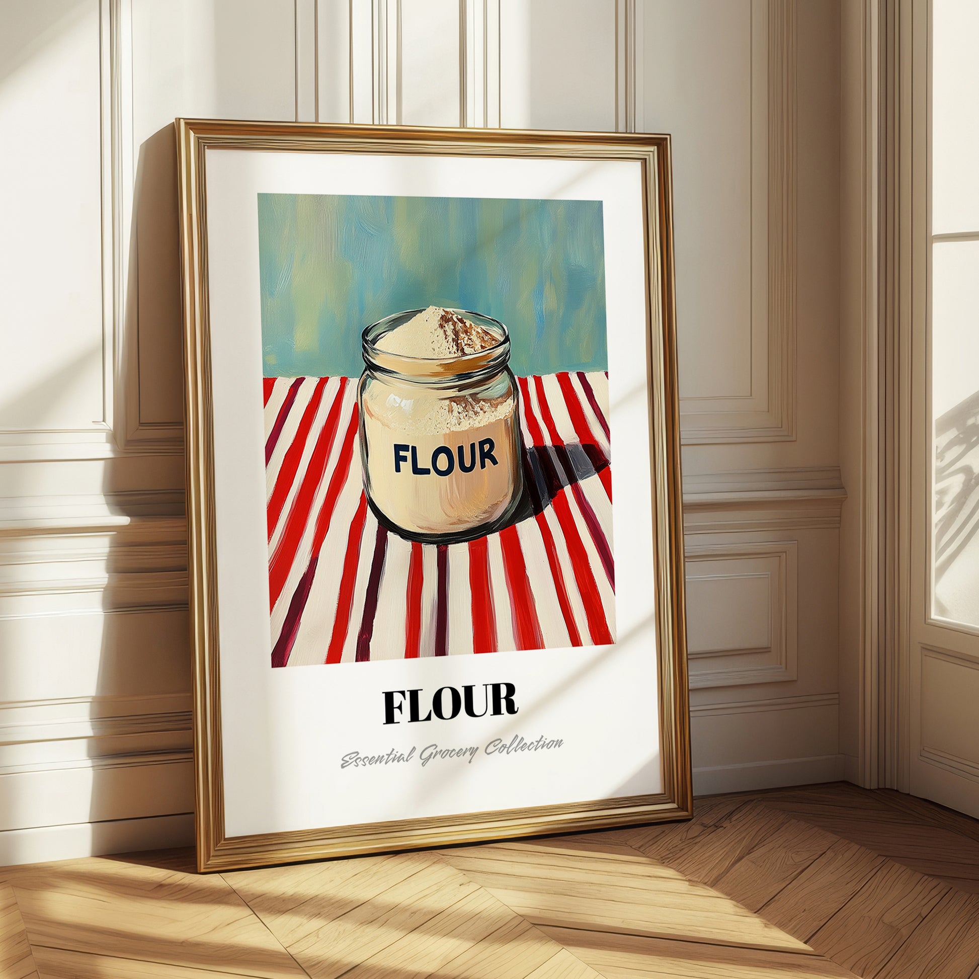 Flour – on Striped Tablecloth, Dough Poster