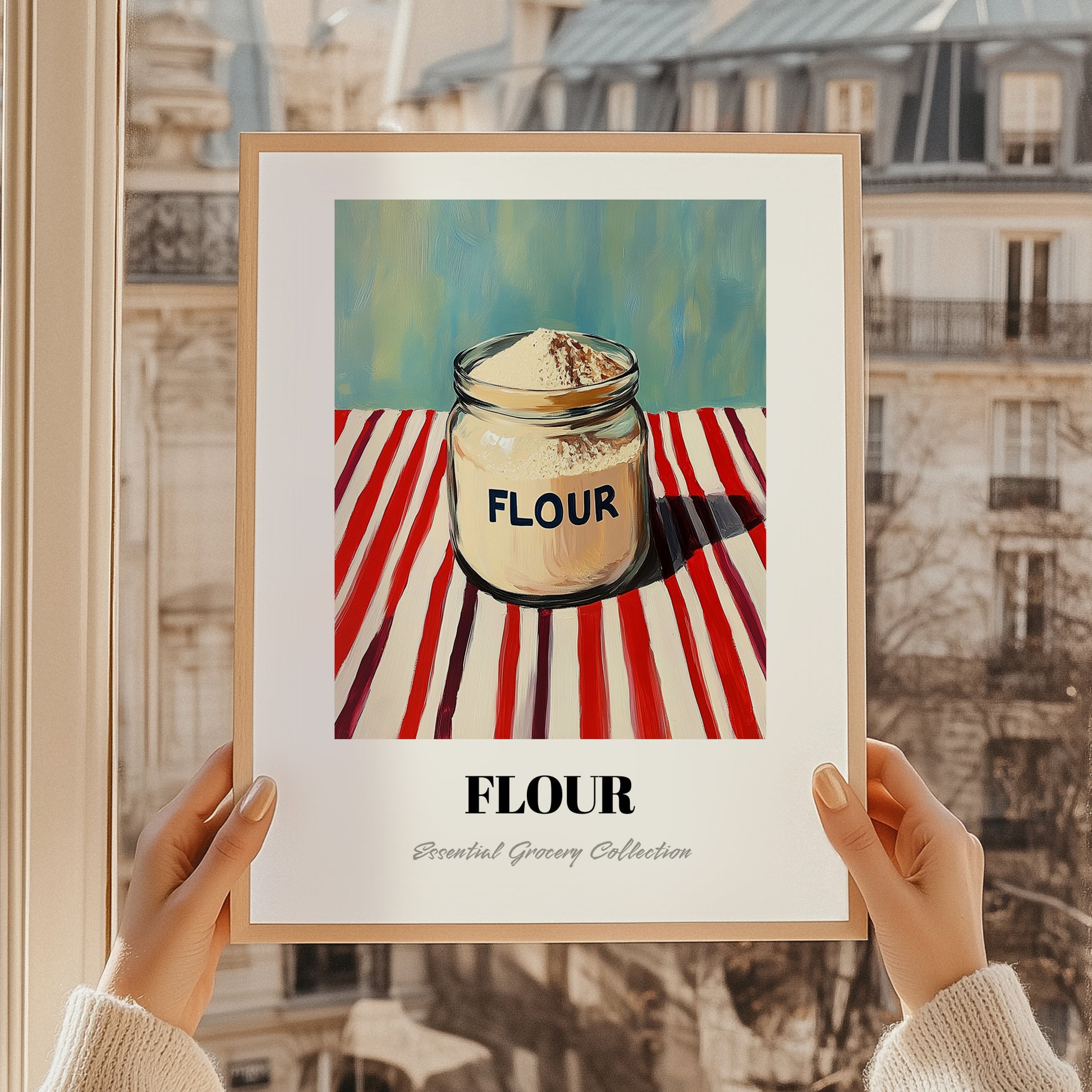 Flour – on Striped Tablecloth, Dough Poster, styled in a charming Paris street view