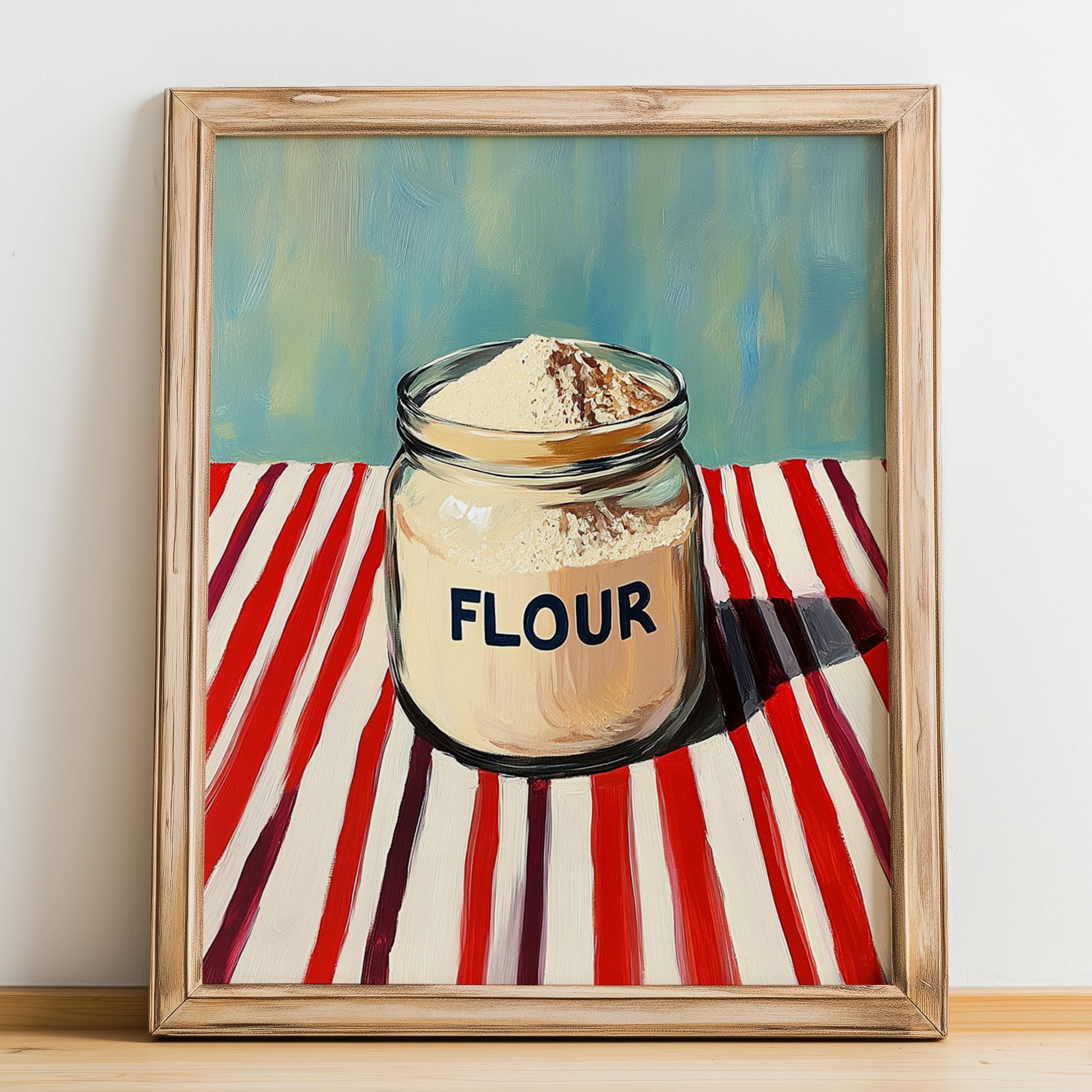 Flour – on Striped Tablecloth, Dough Poster, no-text version framed in wood