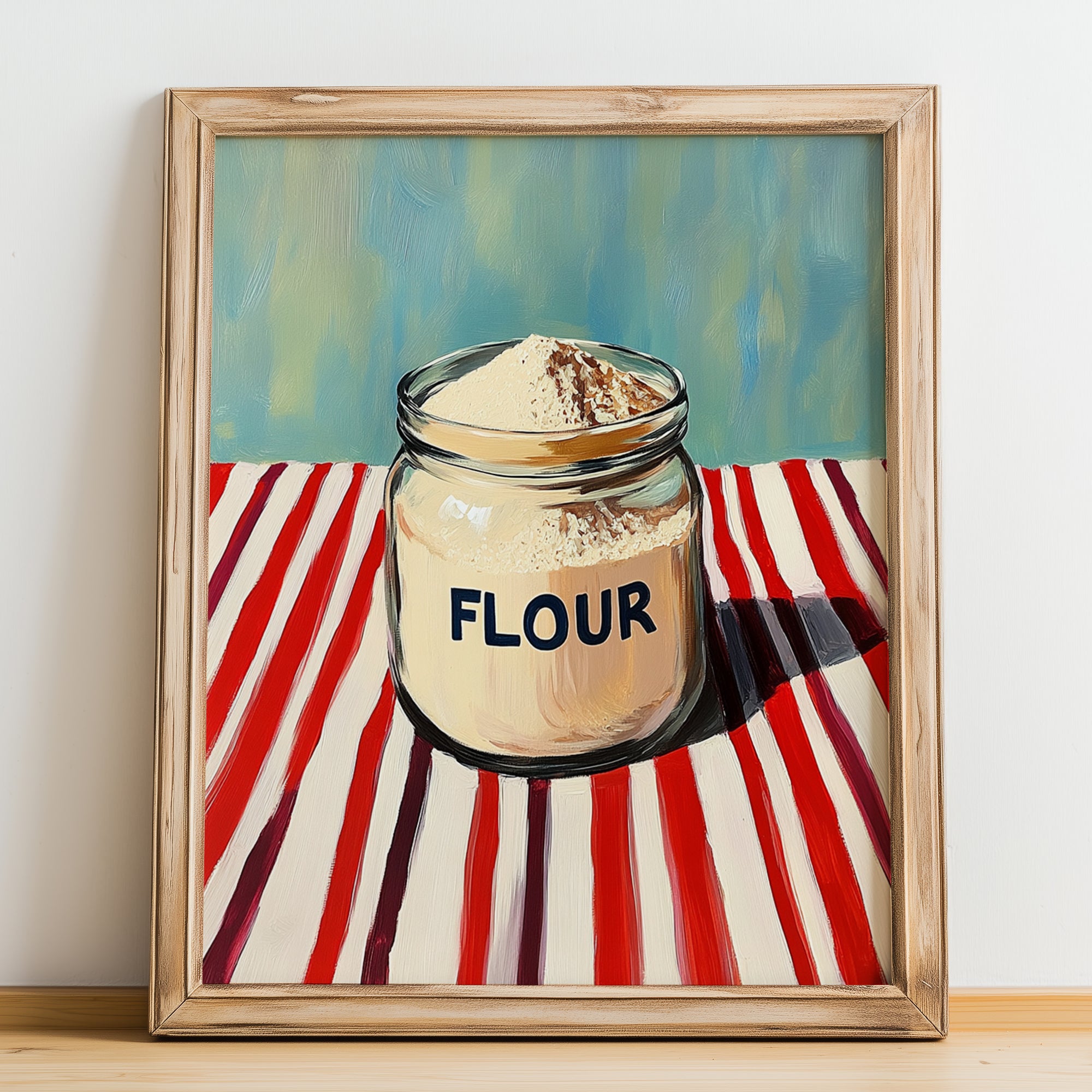 Flour – on Striped Tablecloth, Dough Poster, no-text version framed in wood