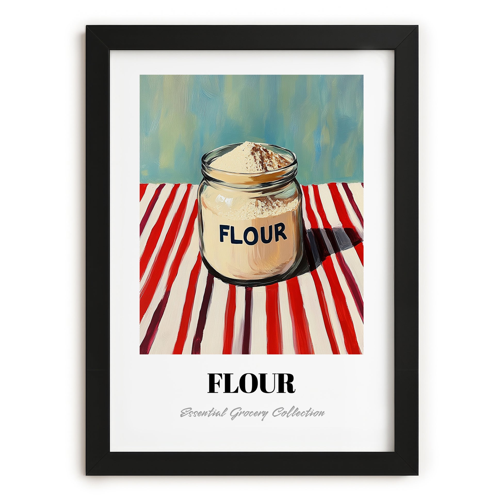 Flour – on Striped Tablecloth, Dough Poster, in sleek black frame