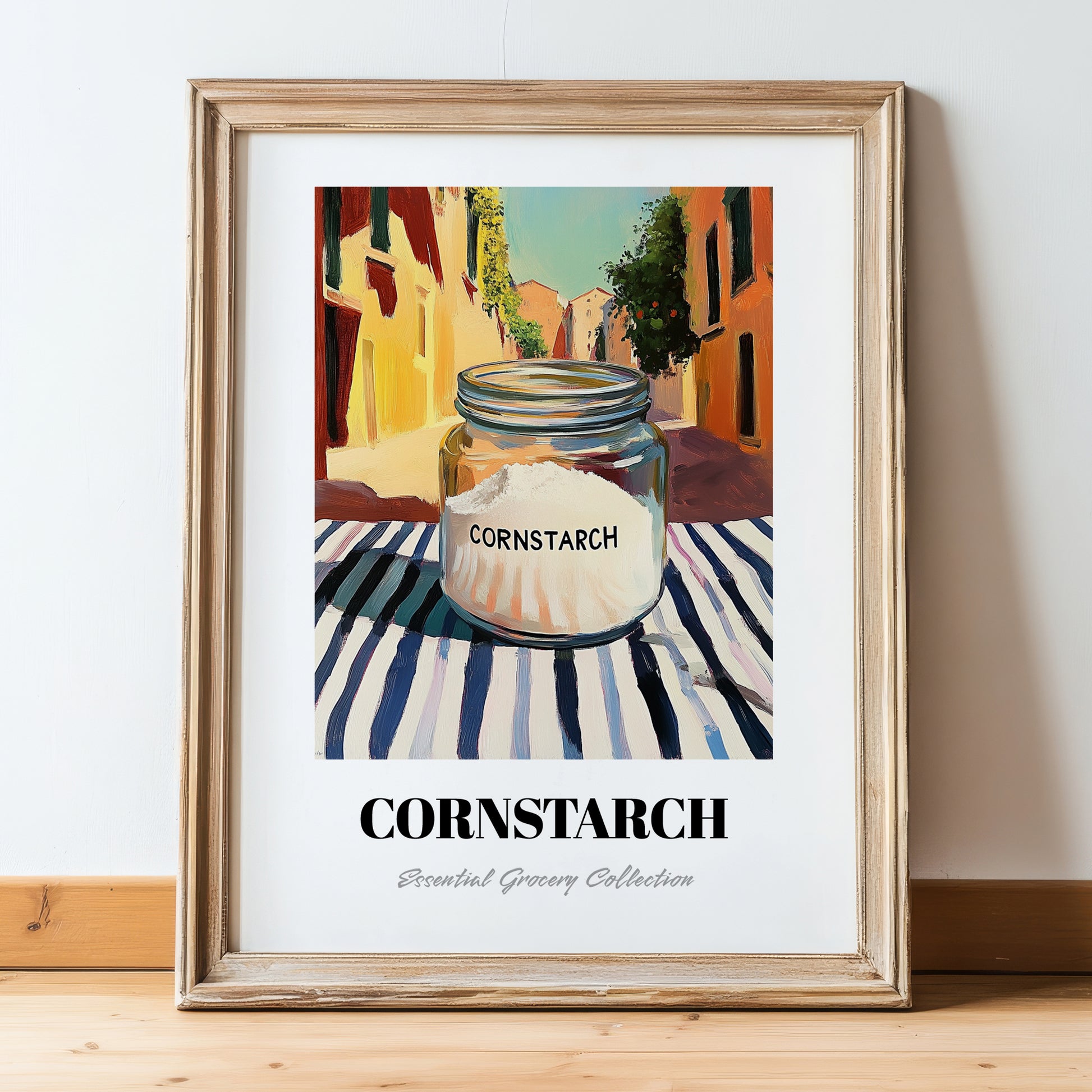 Cornstarch – Italian Café on the Corner, Dough Illustration, in wooden frame leaning on the floor