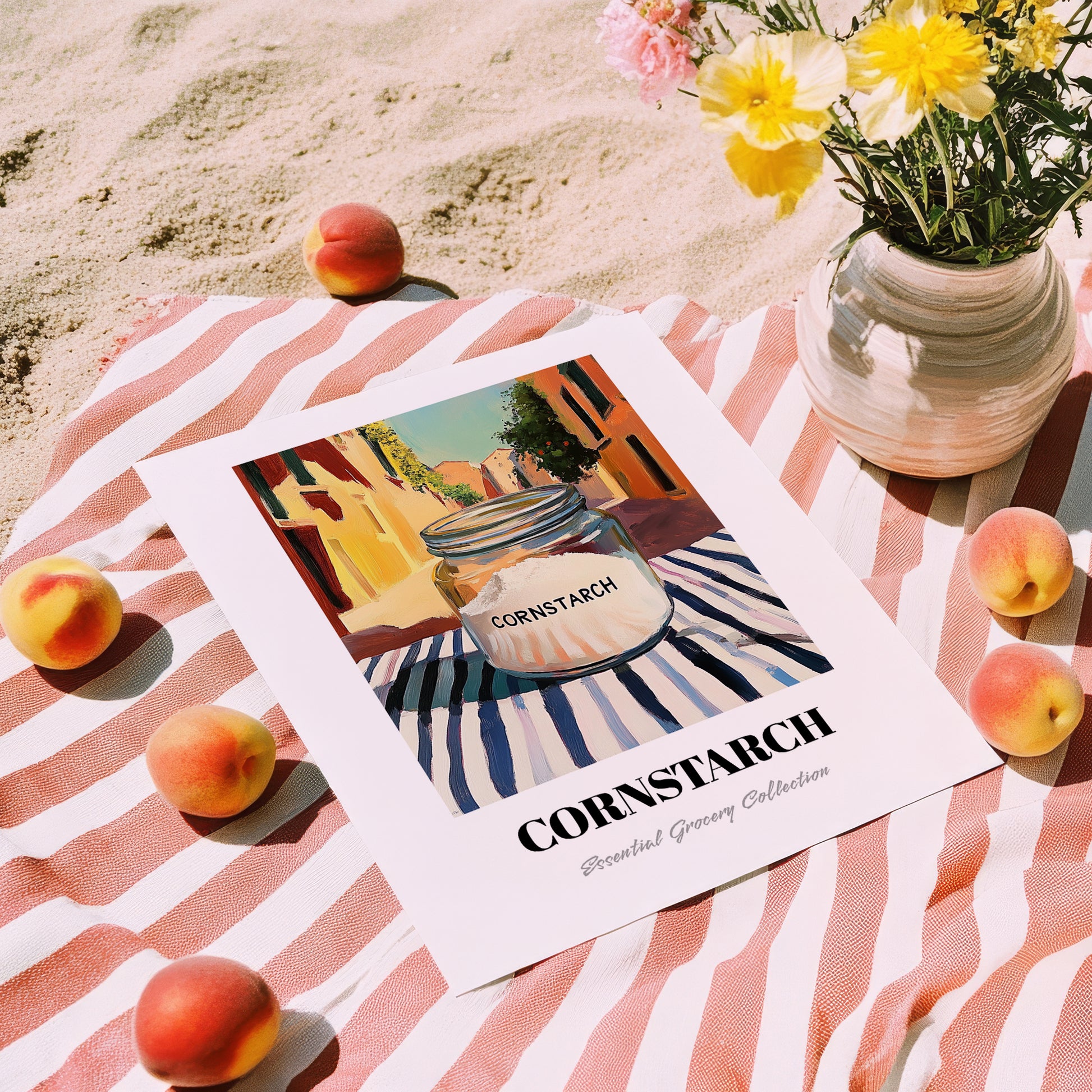 Cornstarch – Italian Café on the Corner, Dough Illustration, unframed on coastal sand