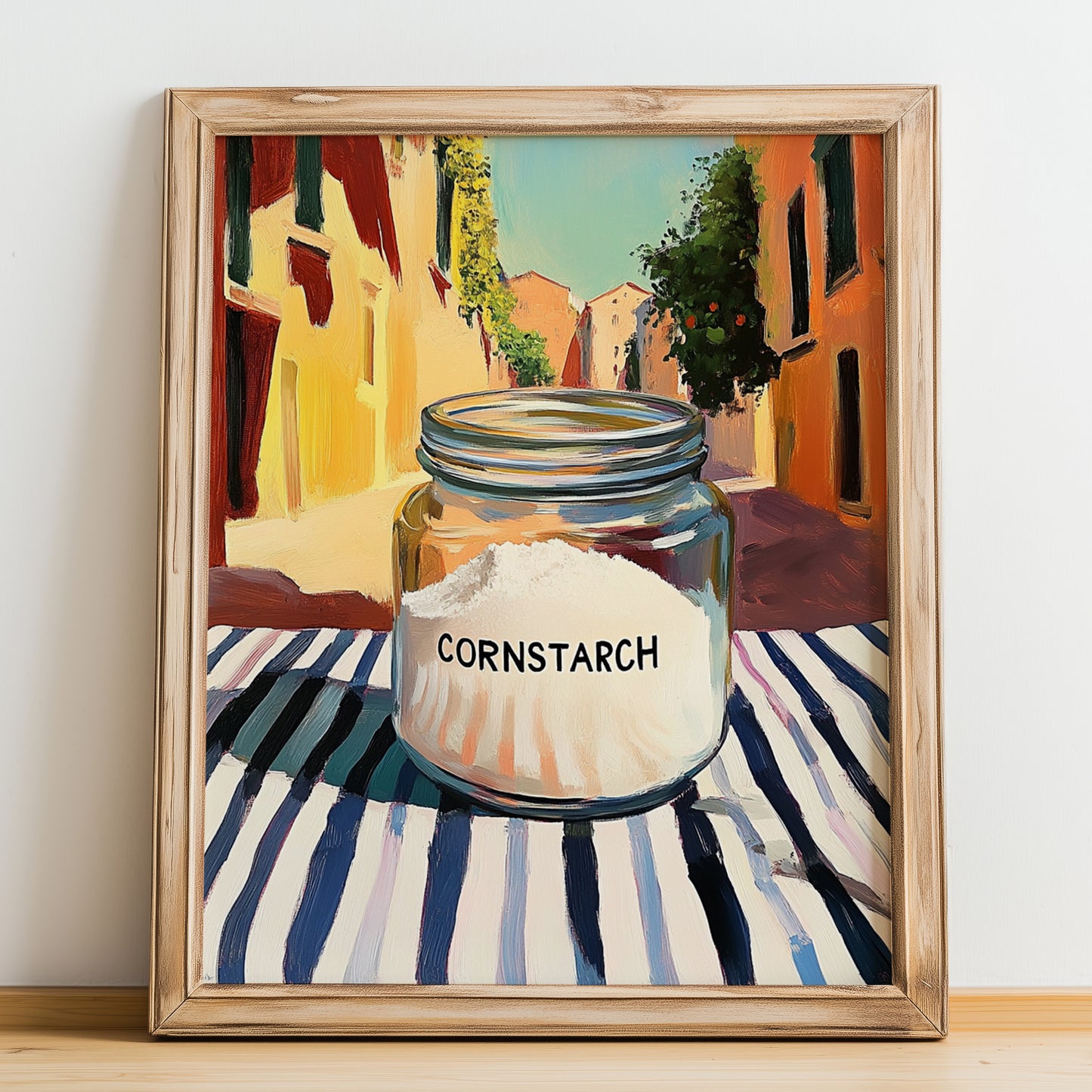 Cornstarch – Italian Café on the Corner, Dough Illustration, no-text version framed in wood