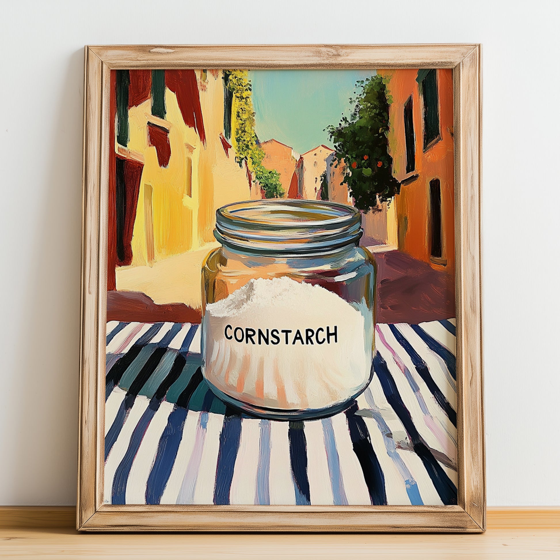 Cornstarch – Italian Café on the Corner, Dough Illustration, no-text version framed in wood