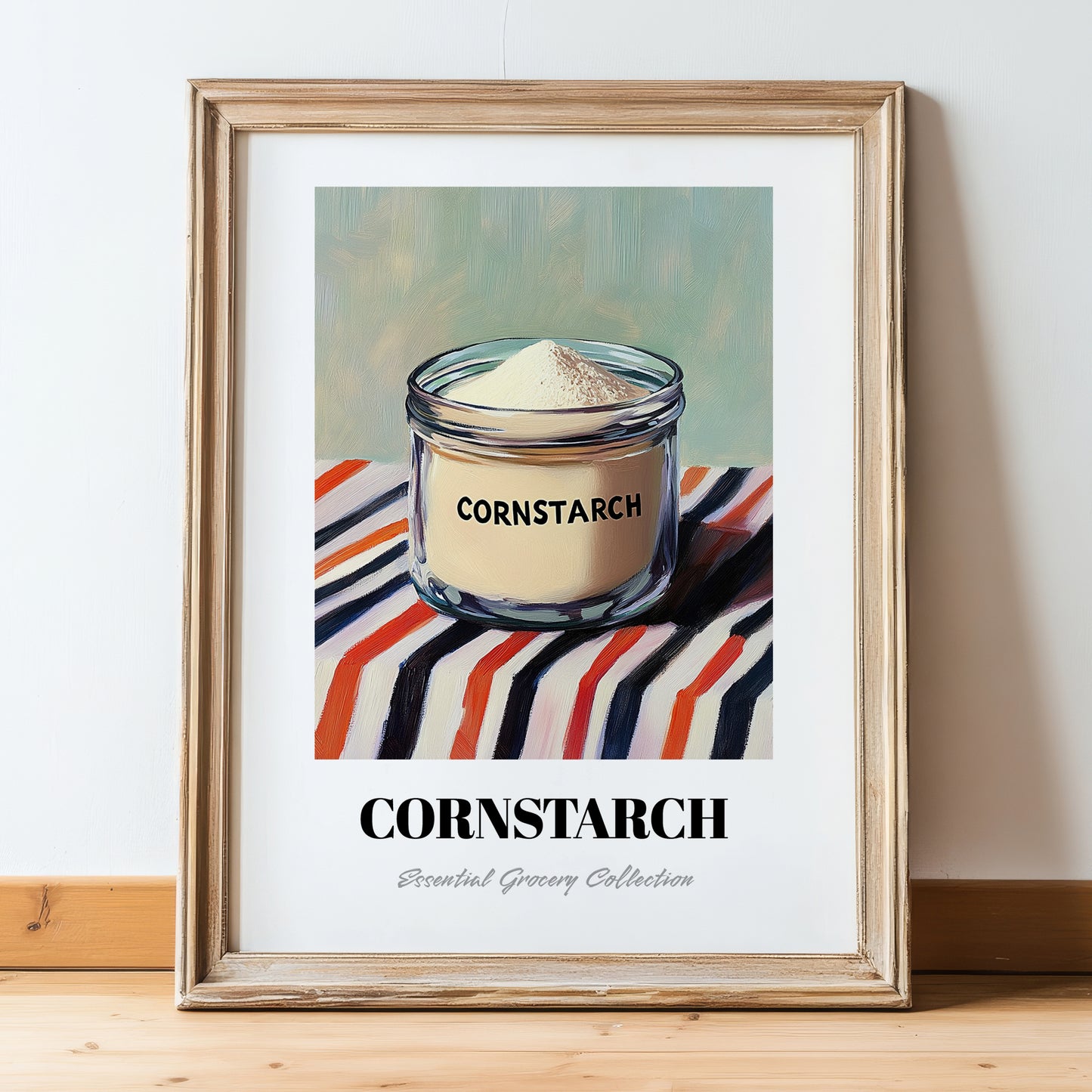 Cornstarch – on Striped Tablecloth, Dough Print, in wooden frame leaning on the floor