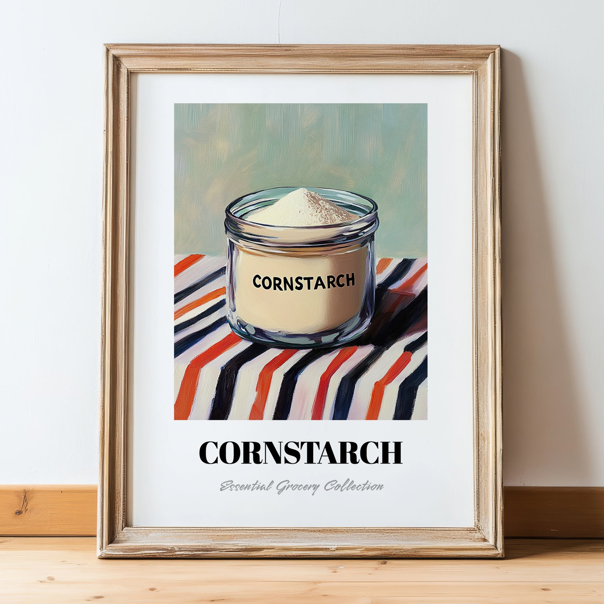 Cornstarch – on Striped Tablecloth, Dough Print, in wooden frame leaning on the floor
