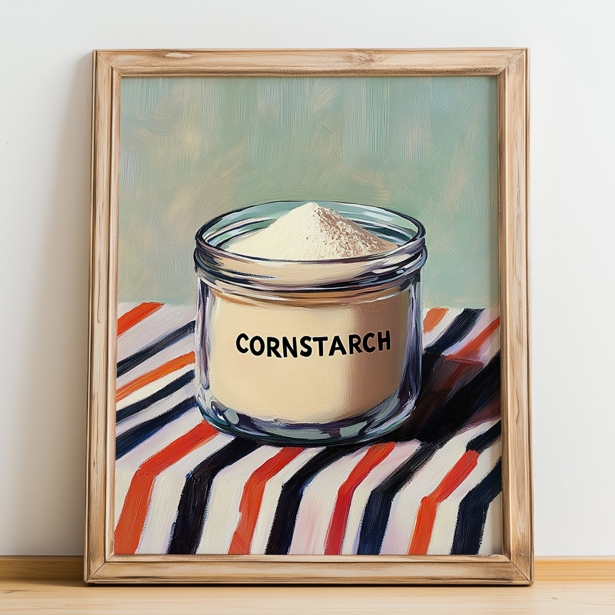 Cornstarch – on Striped Tablecloth, Dough Print, no-text version framed in wood