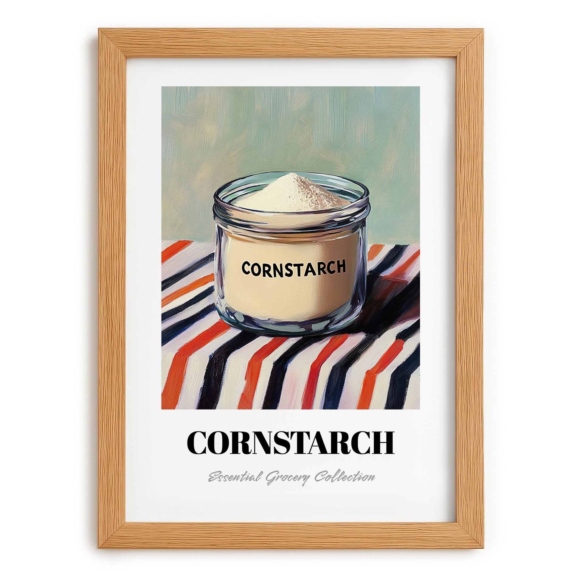 Cornstarch – on Striped Tablecloth, Dough Print, set in oak frame