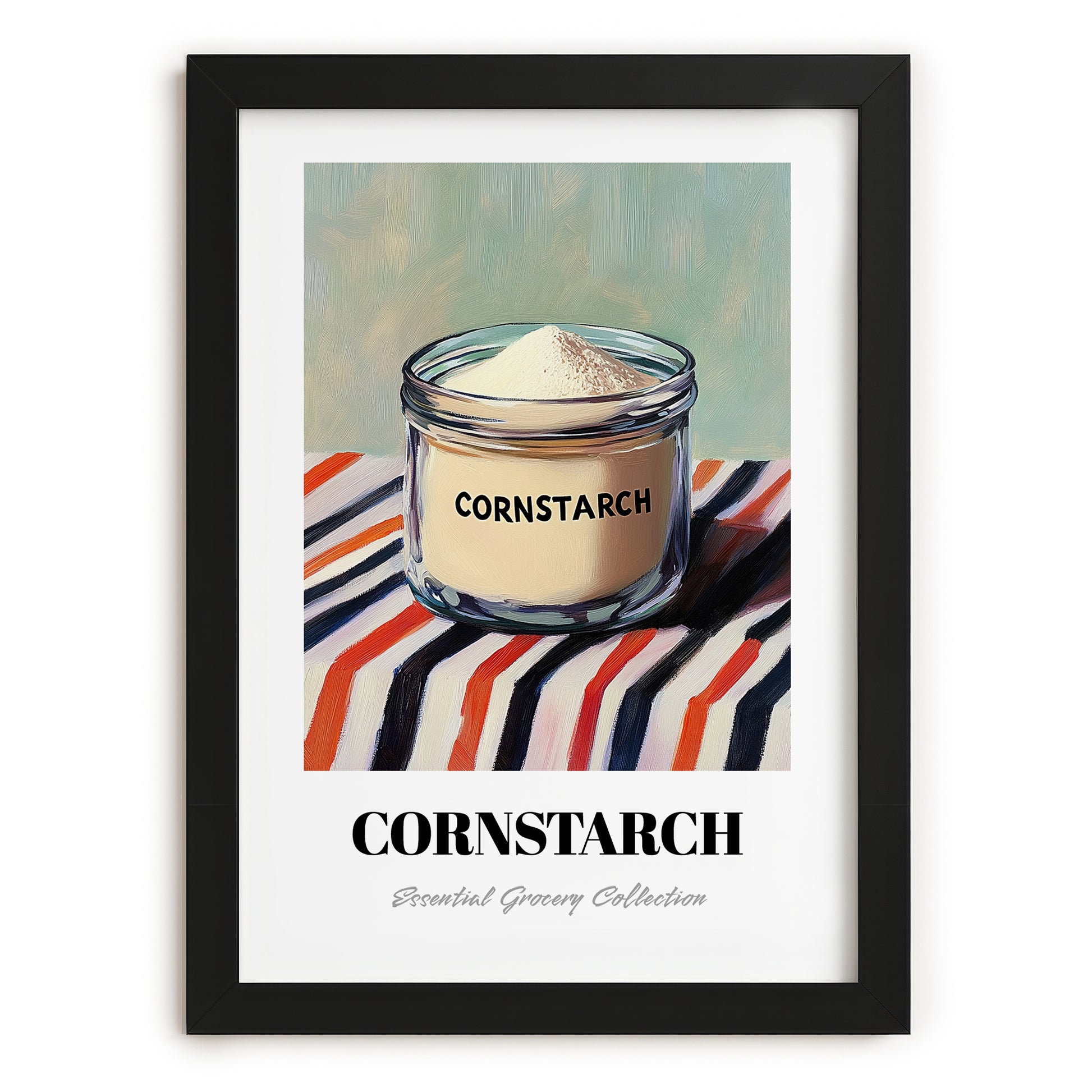 Cornstarch – on Striped Tablecloth, Dough Print, in sleek black frame