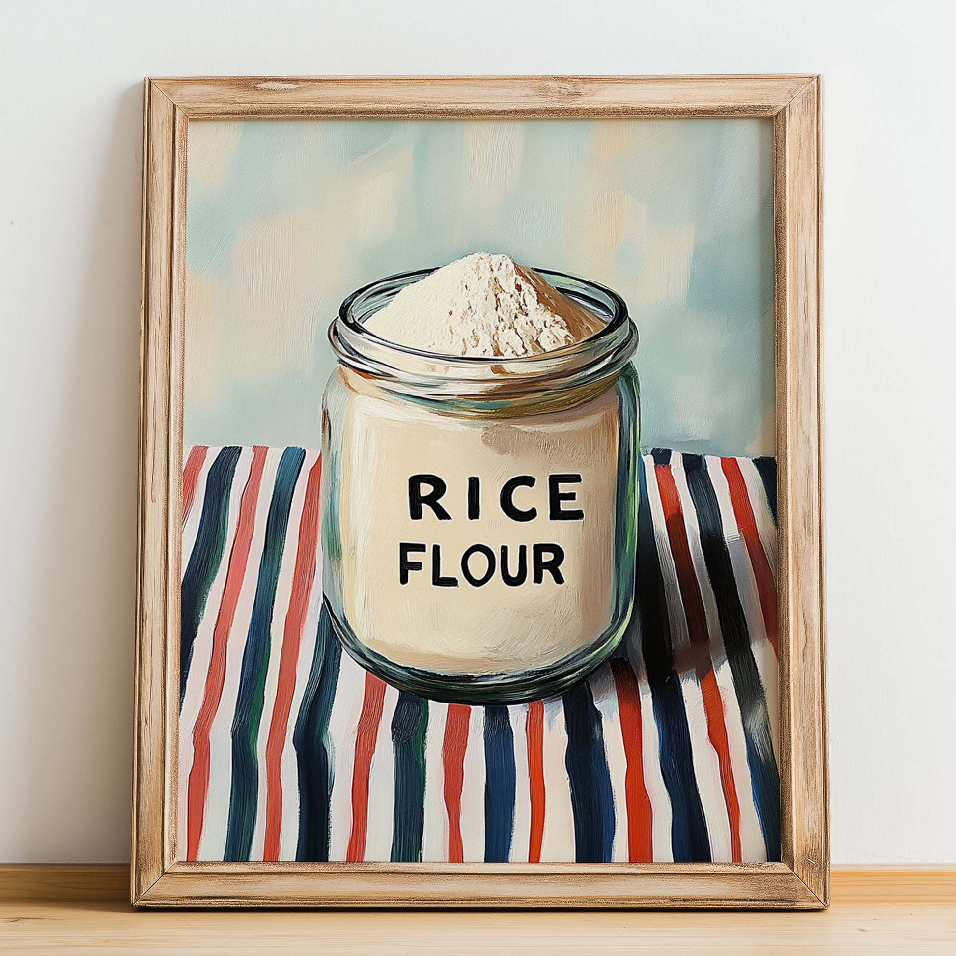 Rice Flour – on Striped Tablecloth, Dough Still Life, no-text version framed in wood
