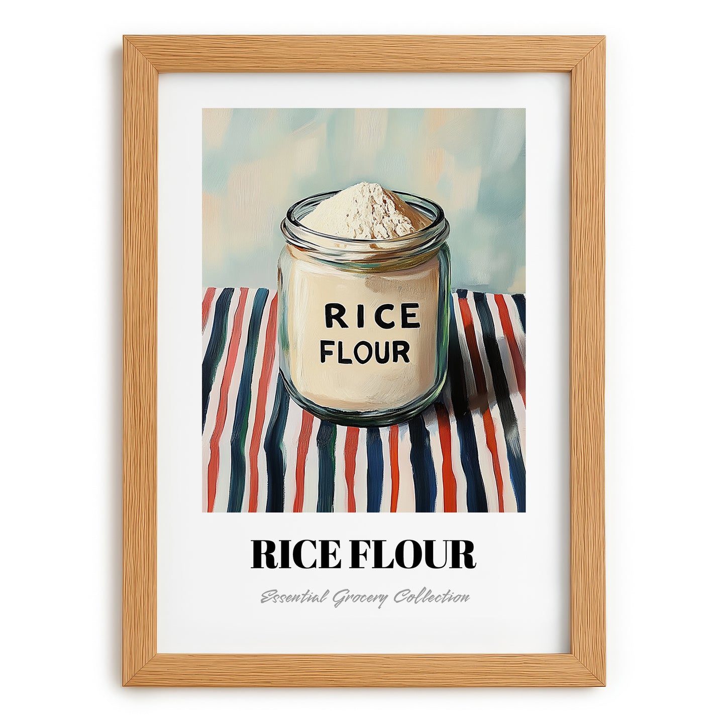 Rice Flour – on Striped Tablecloth, Dough Still Life, set in oak frame